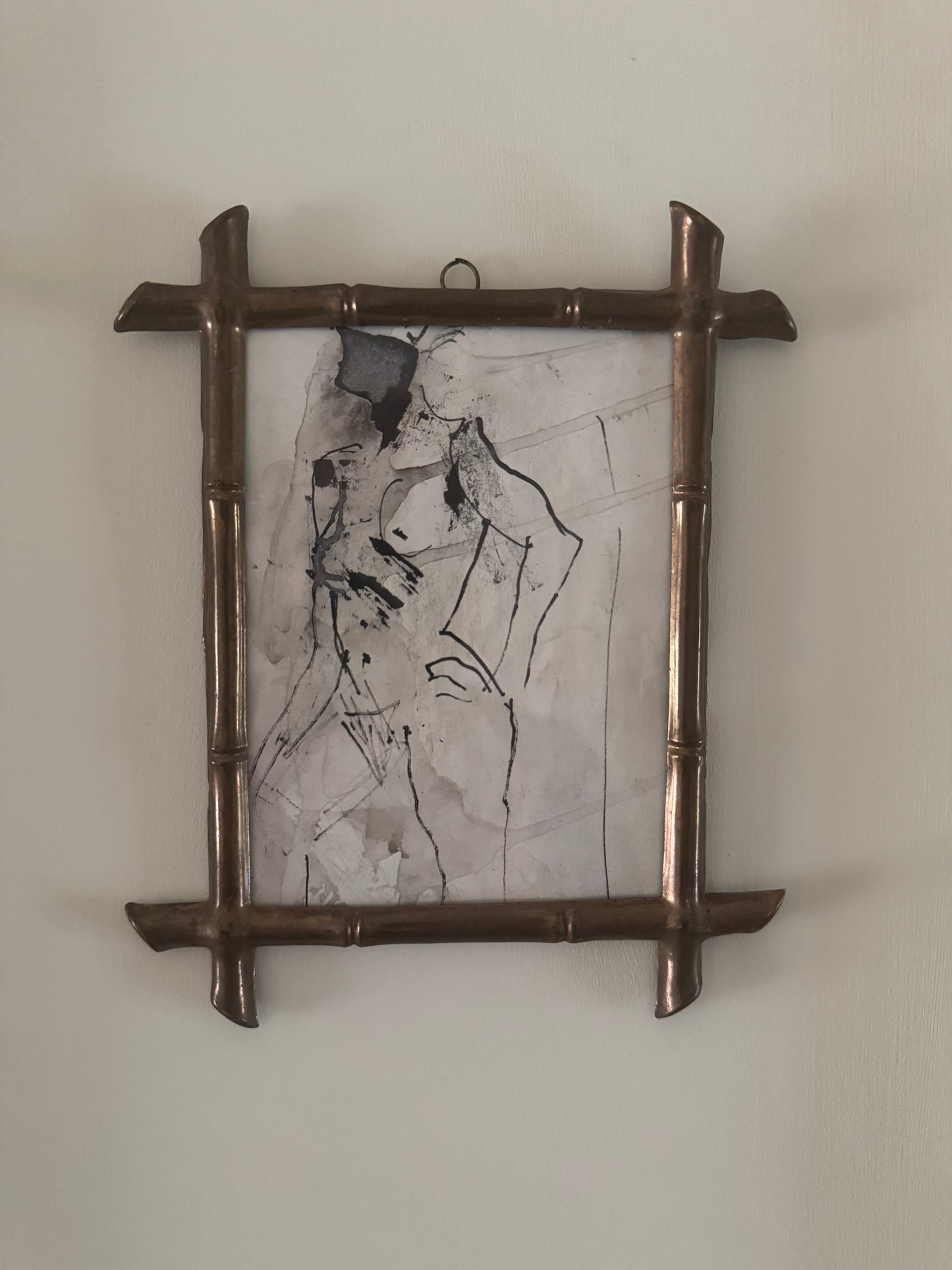 Small Vintage Ink Nude Drawing In French Faux Bamboo Brass Frame