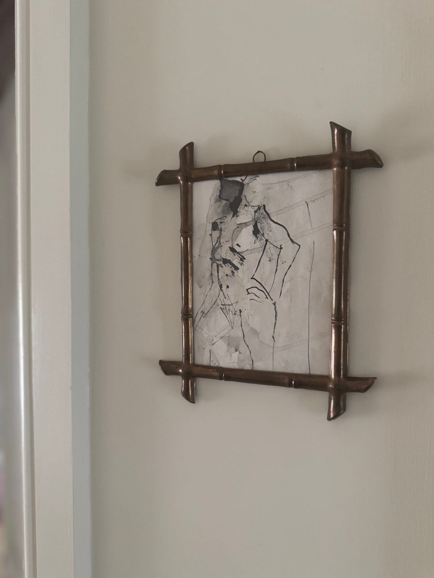 Small Vintage Ink Nude Drawing In French Faux Bamboo Brass Frame