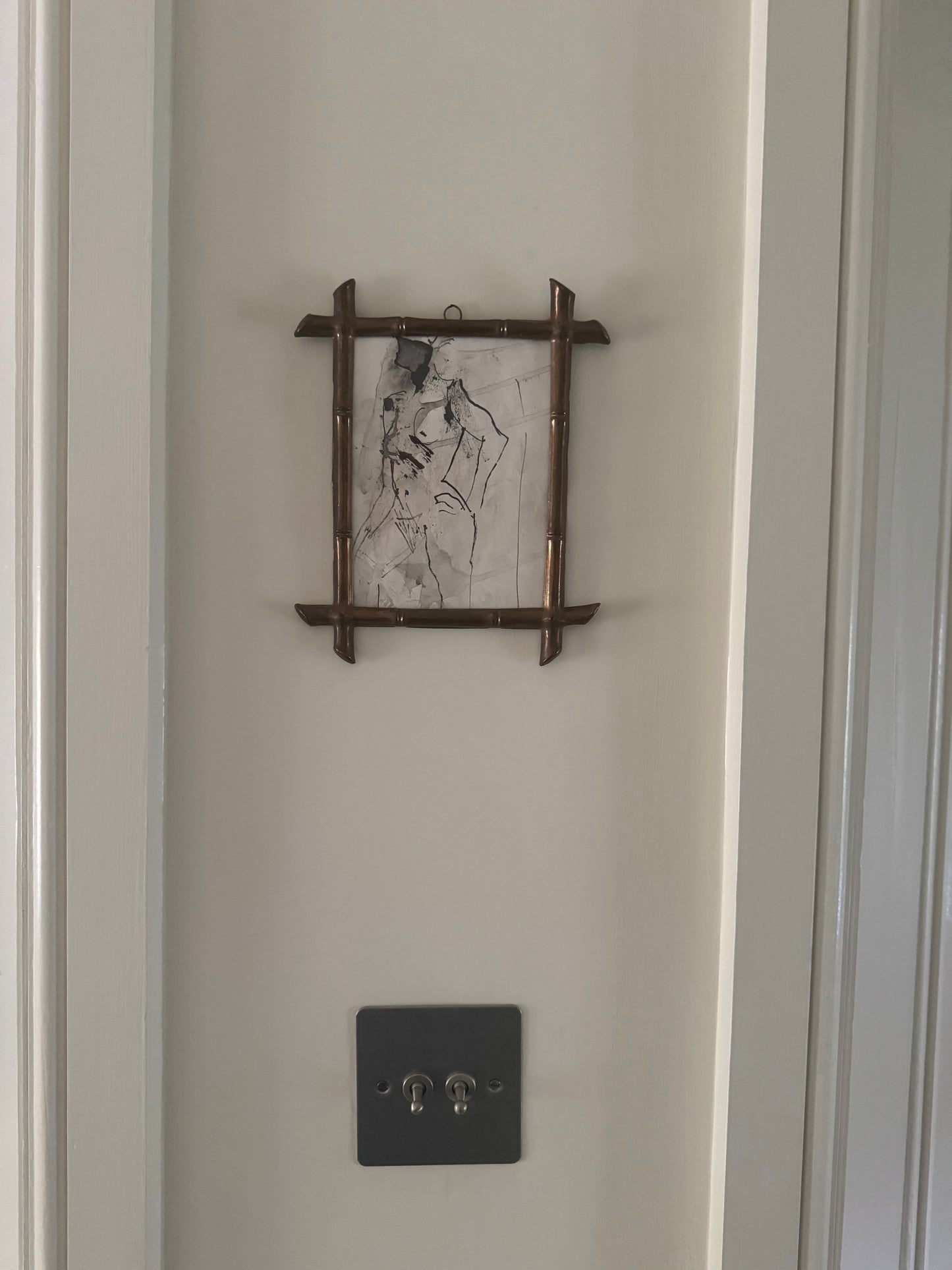 Small Vintage Ink Nude Drawing In French Faux Bamboo Brass Frame