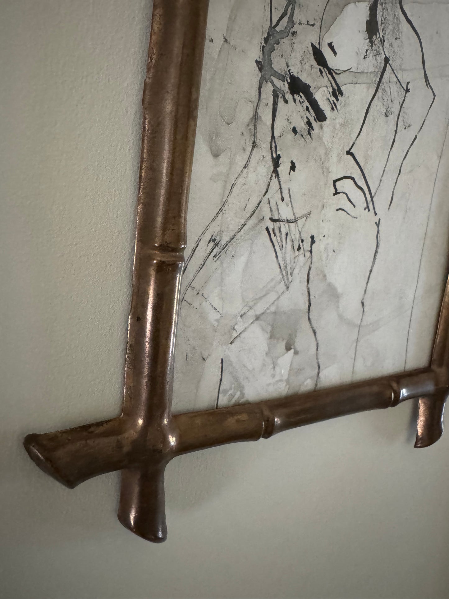 Small Vintage Ink Nude Drawing In French Faux Bamboo Brass Frame