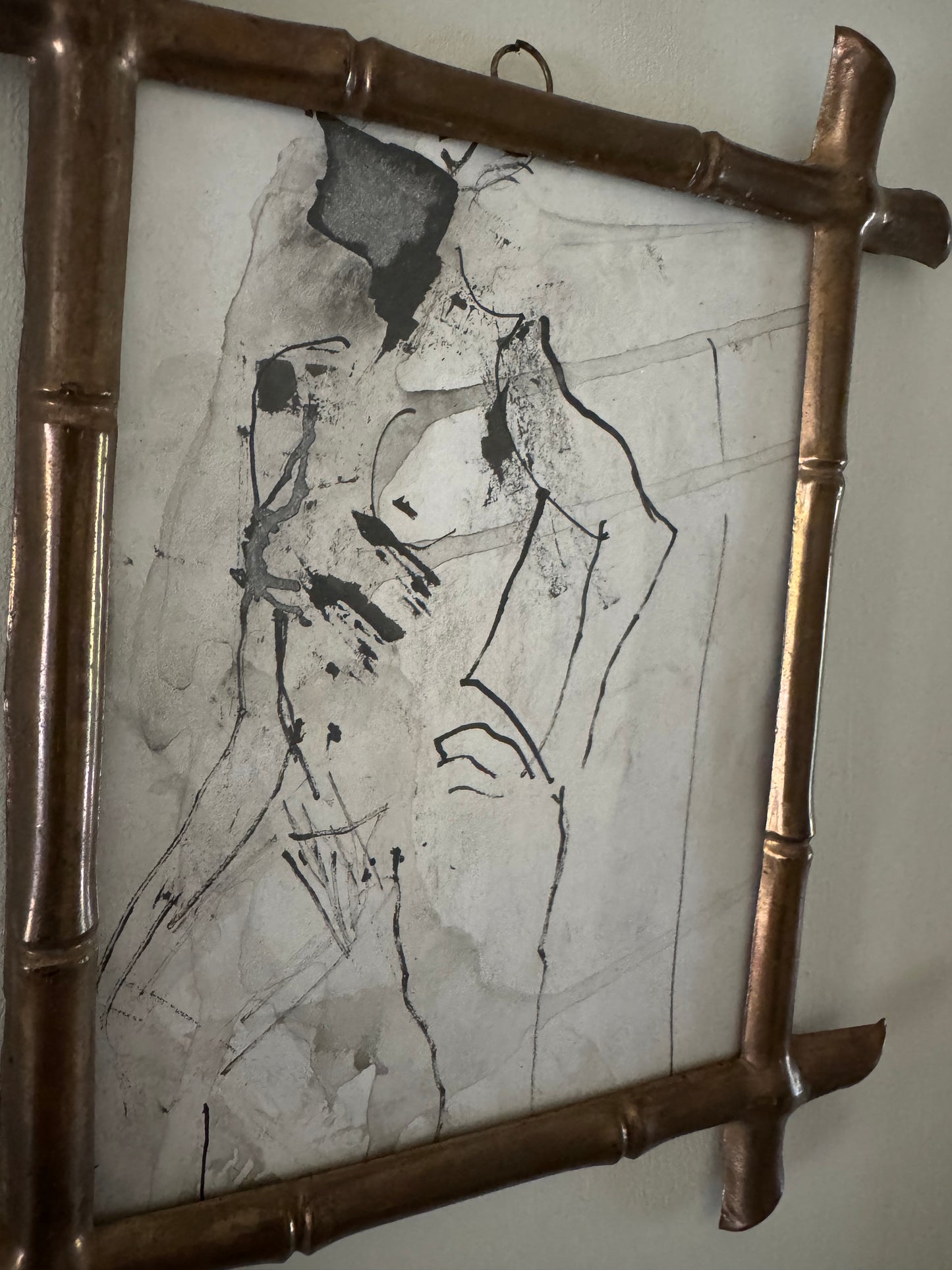 Small Vintage Ink Nude Drawing In French Faux Bamboo Brass Frame