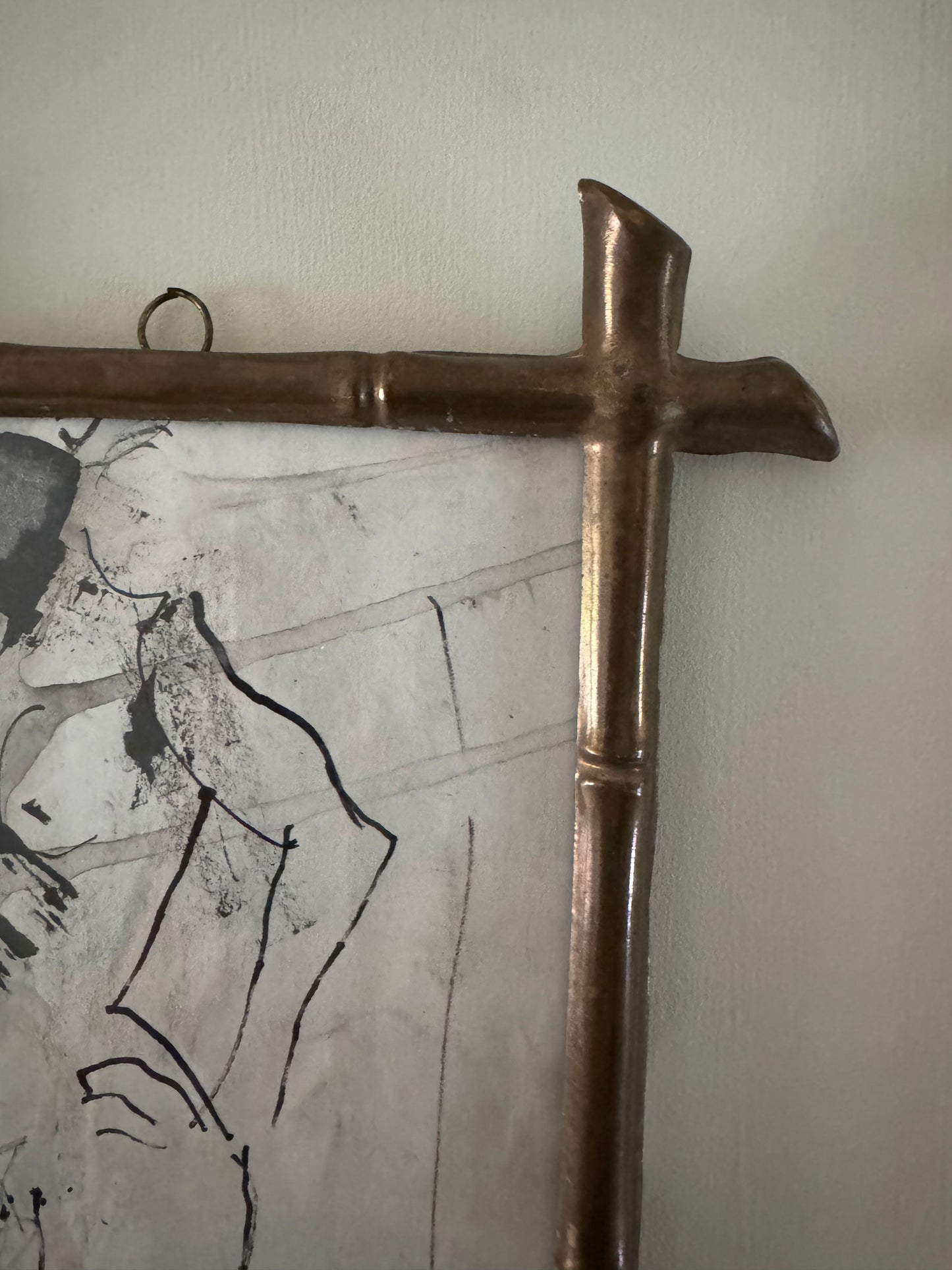 Small Vintage Ink Nude Drawing In French Faux Bamboo Brass Frame