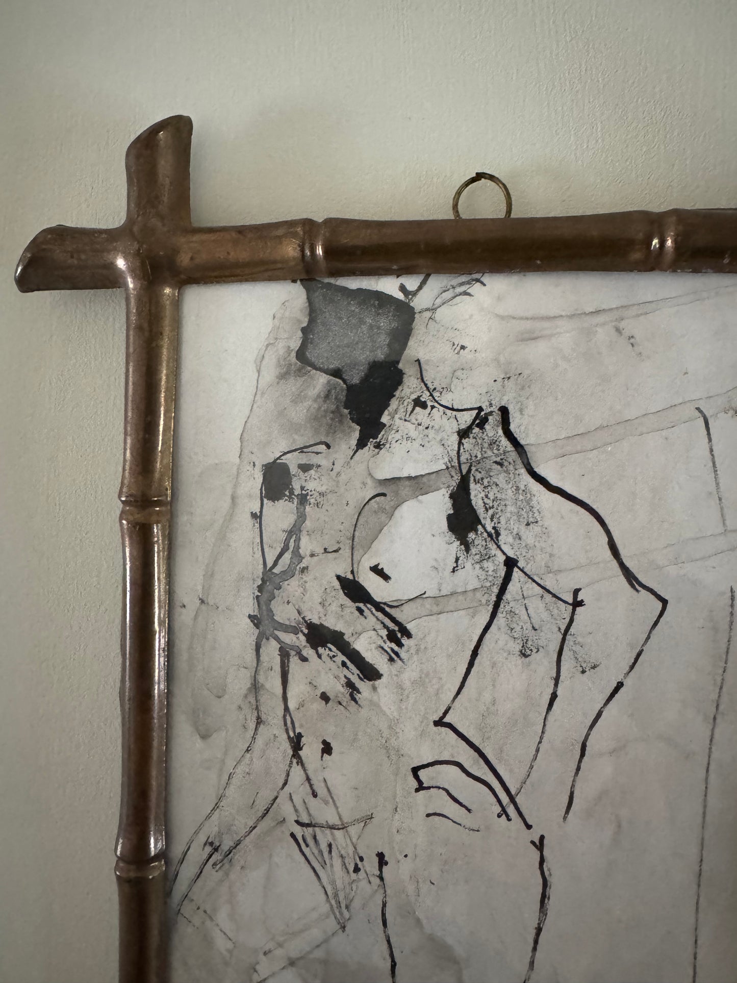 Small Vintage Ink Nude Drawing In French Faux Bamboo Brass Frame