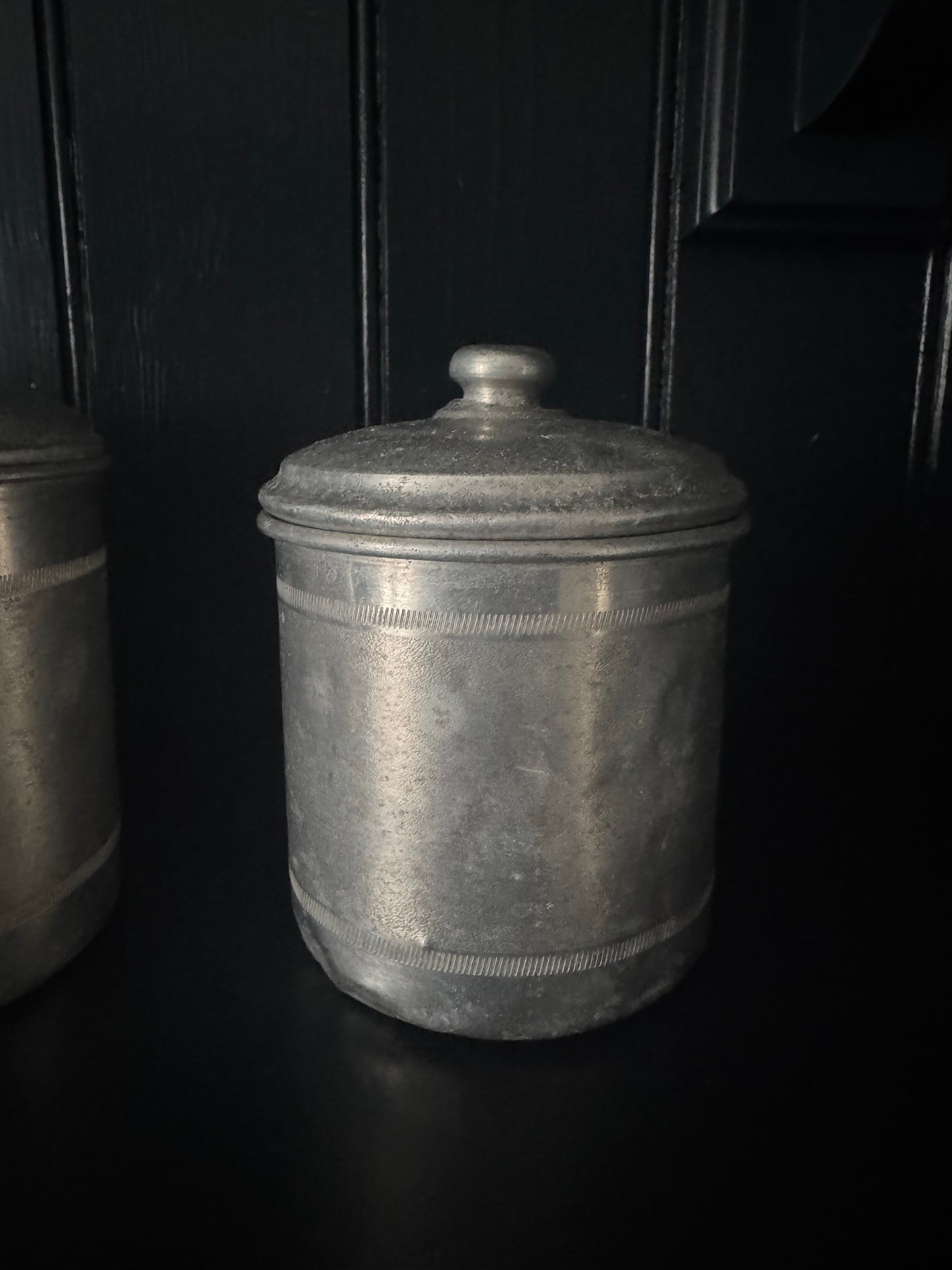 Set Of 4 Vintage French Aluminium Stacking Canisters With Brass Labels