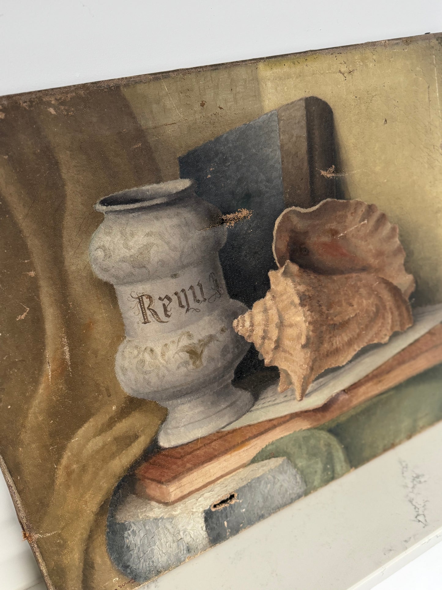 Vintage Still Life Shell & Pot Oil On Canvas