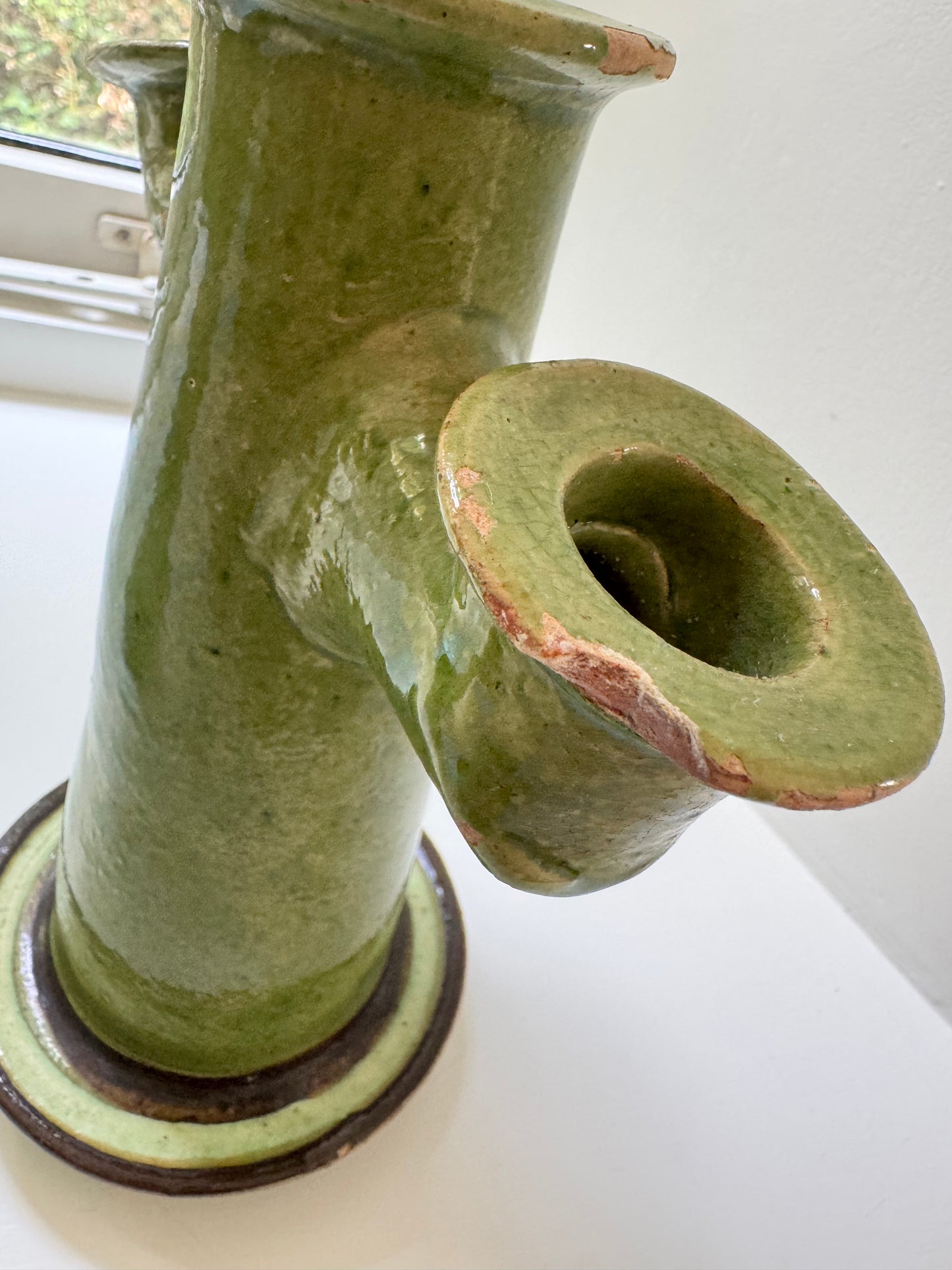 Pair Antique Glazed Green Earthenware Candlesticks
