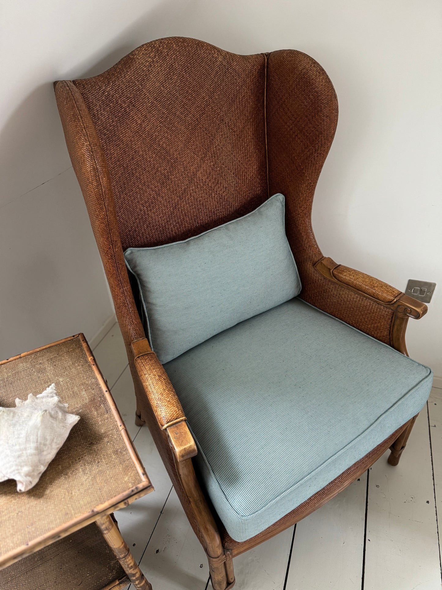 Pair Of Vintage Rattan & Faux Bamboo Wing Back Chairs