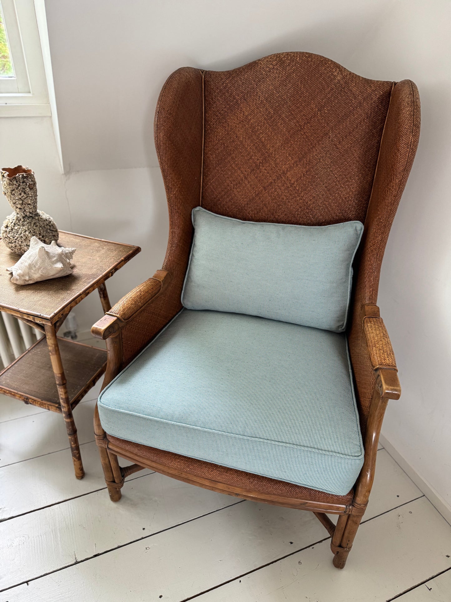 Pair Of Vintage Rattan & Faux Bamboo Wing Back Chairs