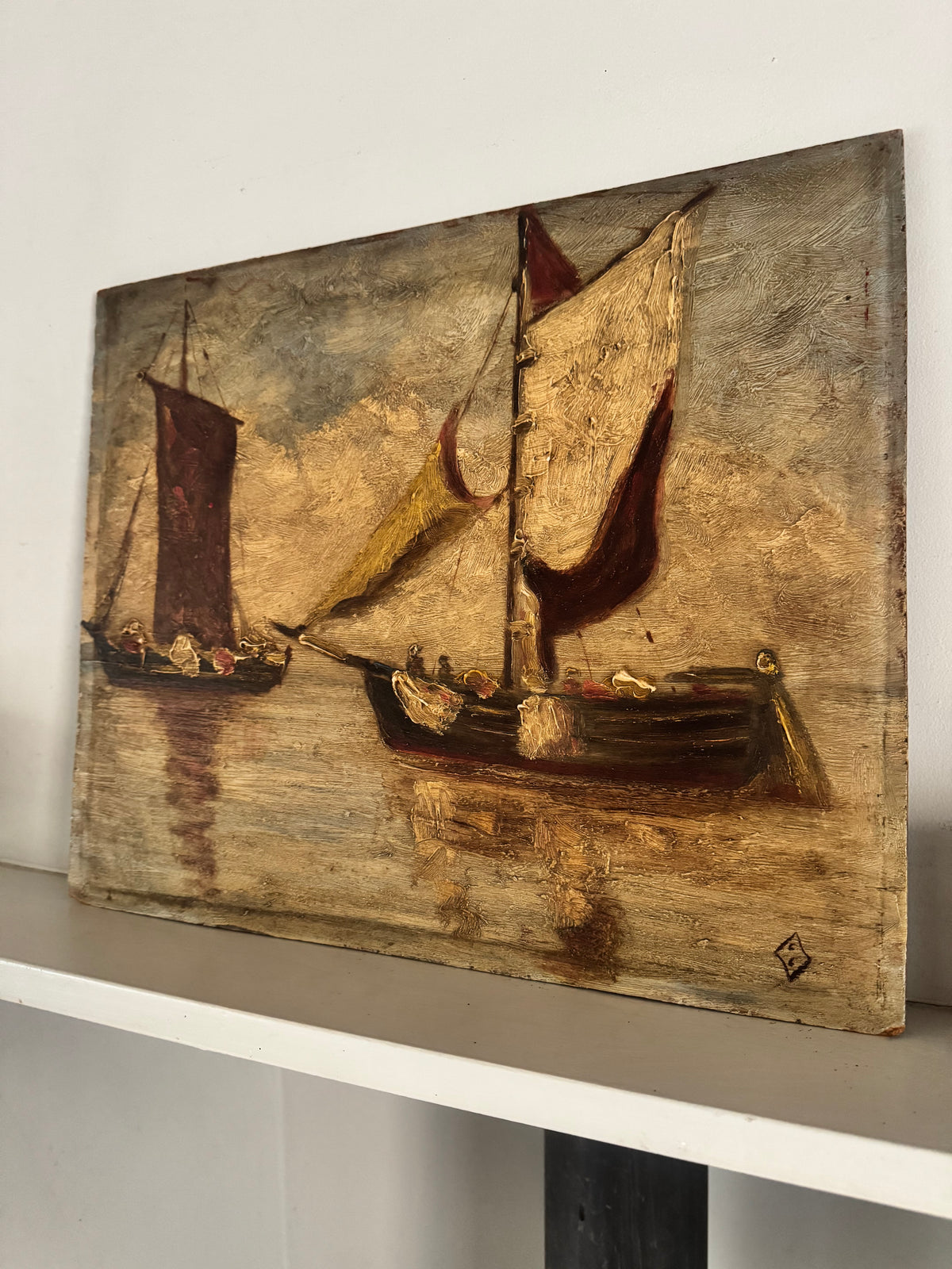 Vintage Impasto Oil On Wooden Board 'Boats'