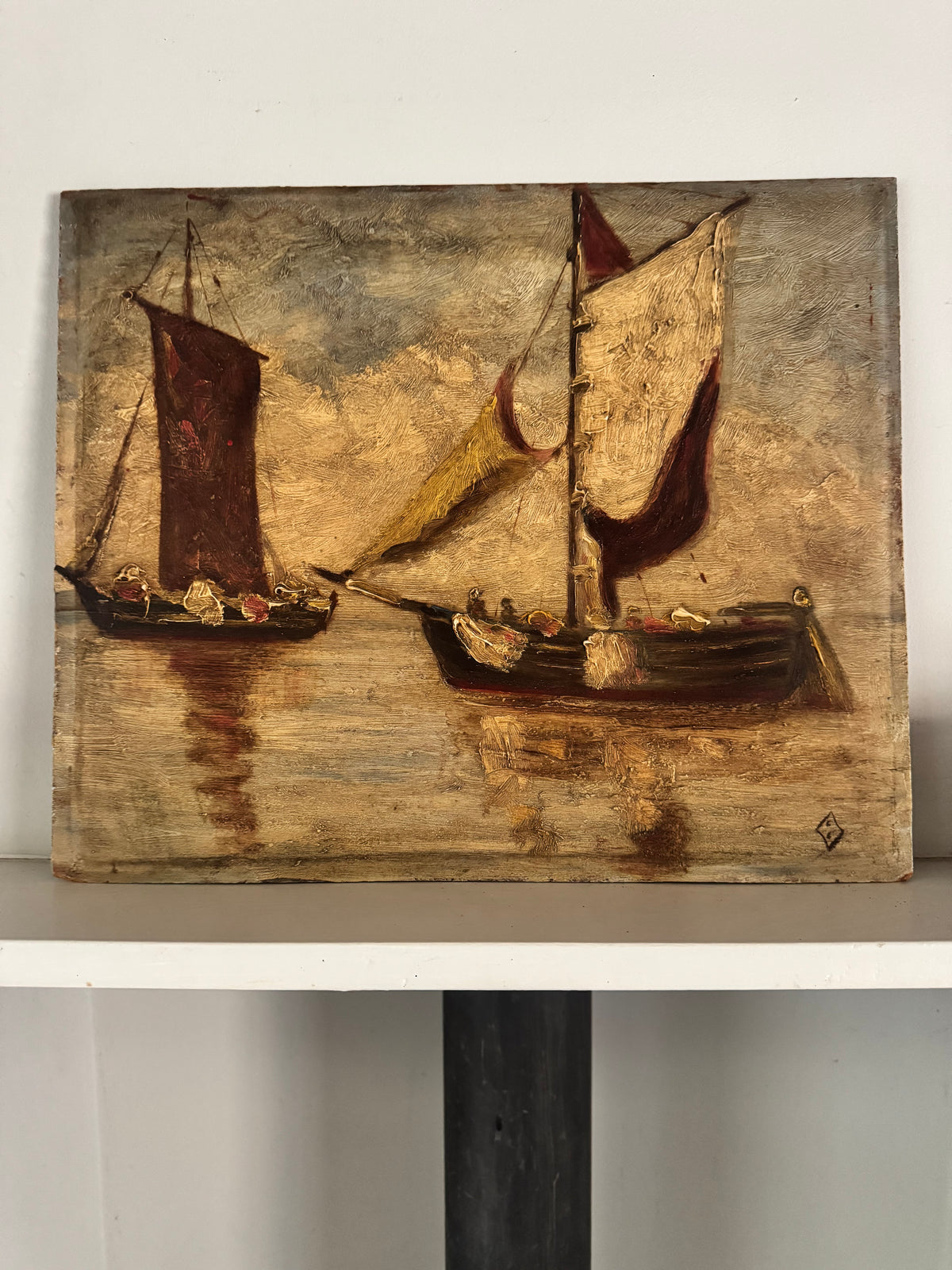 Vintage Impasto Oil On Wooden Board 'Boats'