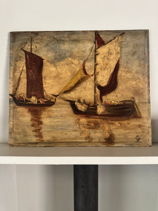 Vintage Impasto Oil On Wooden Board 'Boats'