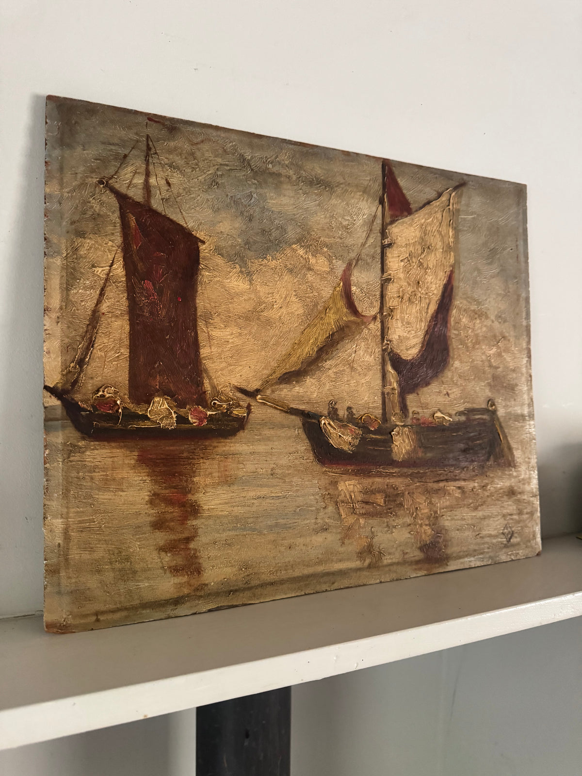 Vintage Impasto Oil On Wooden Board 'Boats'