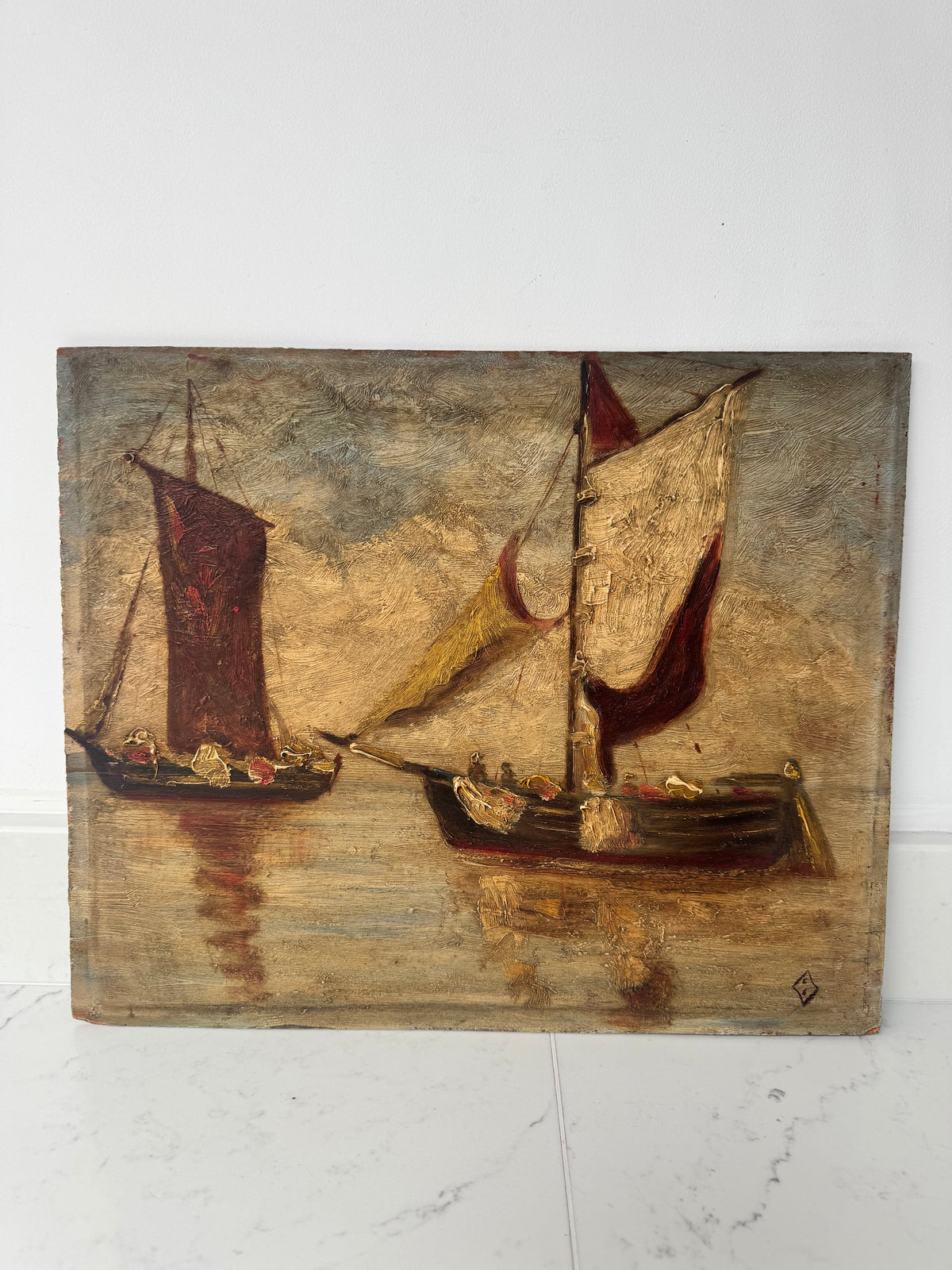 Vintage Impasto Oil On Wooden Board 'Boats'