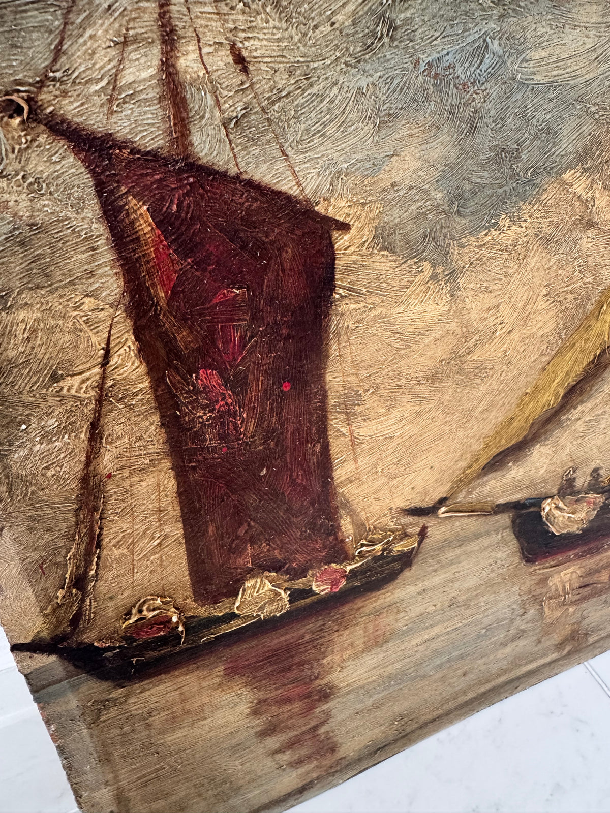 Vintage Impasto Oil On Wooden Board 'Boats'