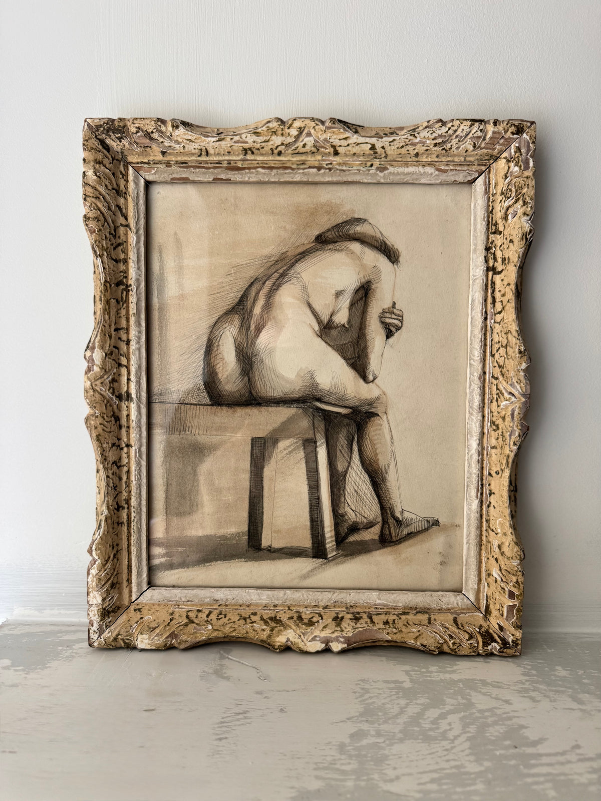 Nude Study In Ink Framed In Vintage French Frame