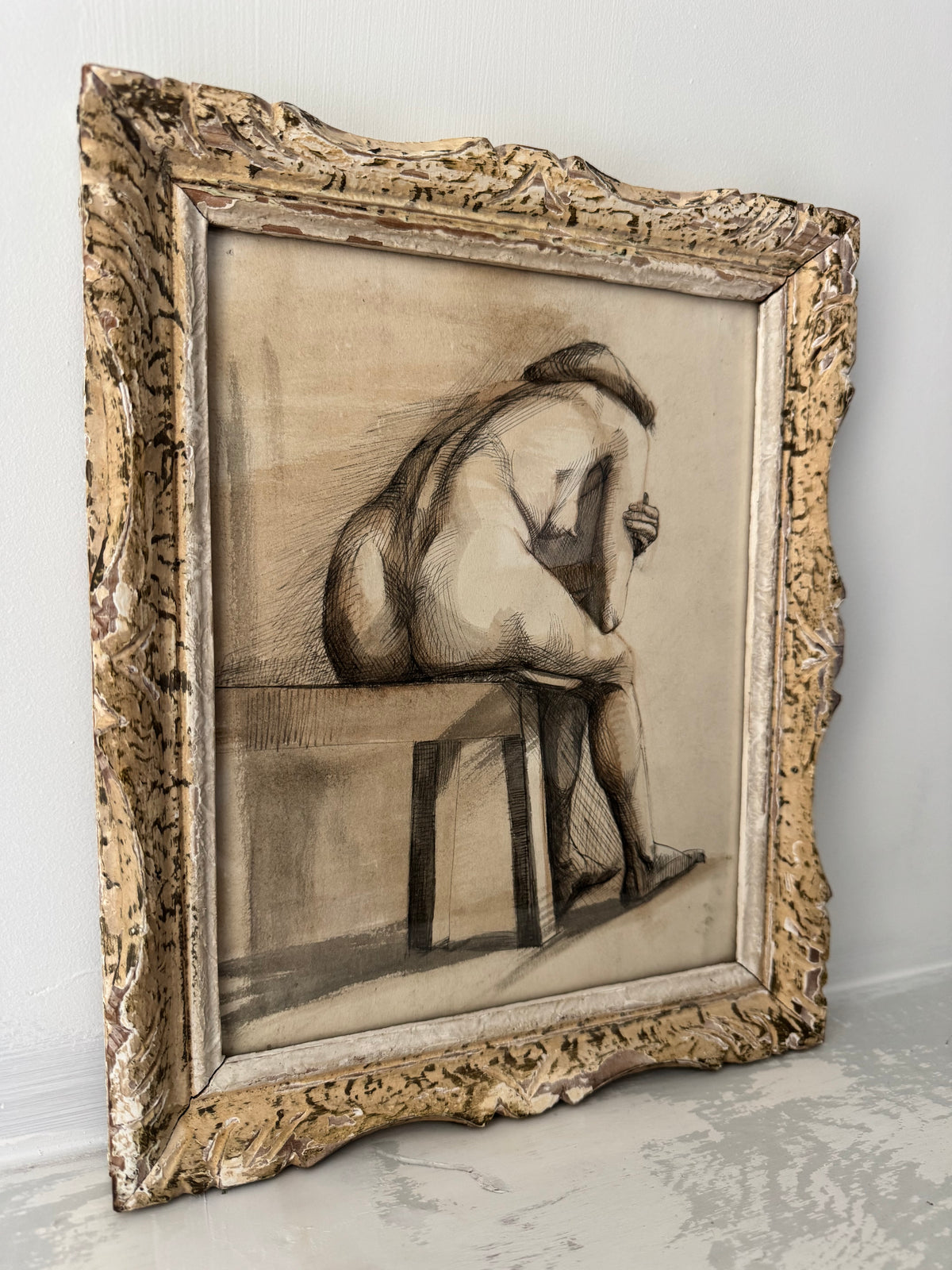 Nude Study In Ink Framed In Vintage French Frame