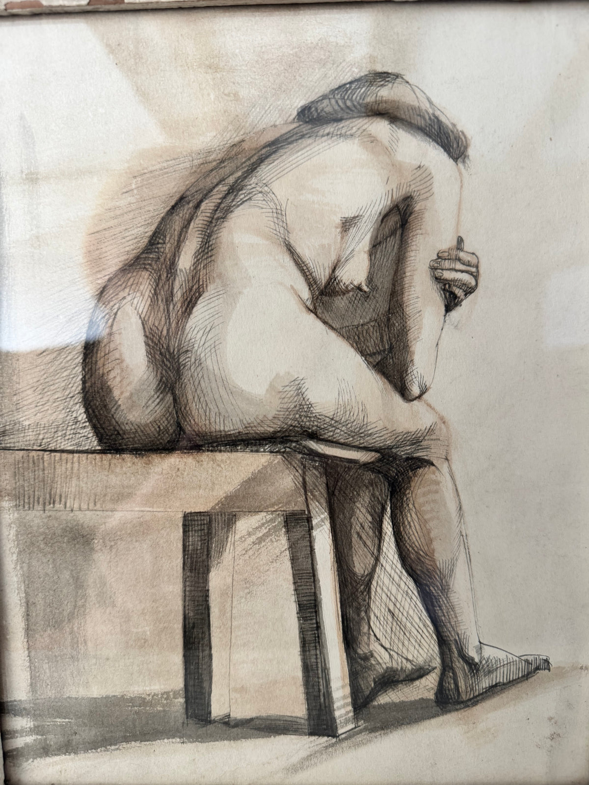 Nude Study In Ink Framed In Vintage French Frame