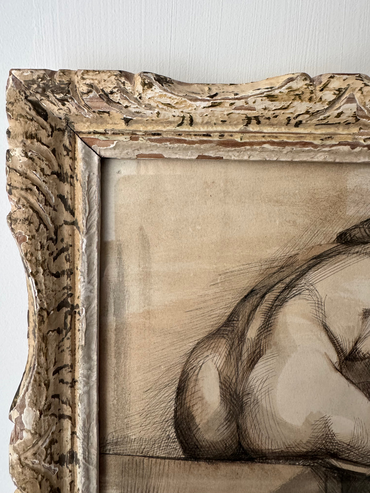 Nude Study In Ink Framed In Vintage French Frame