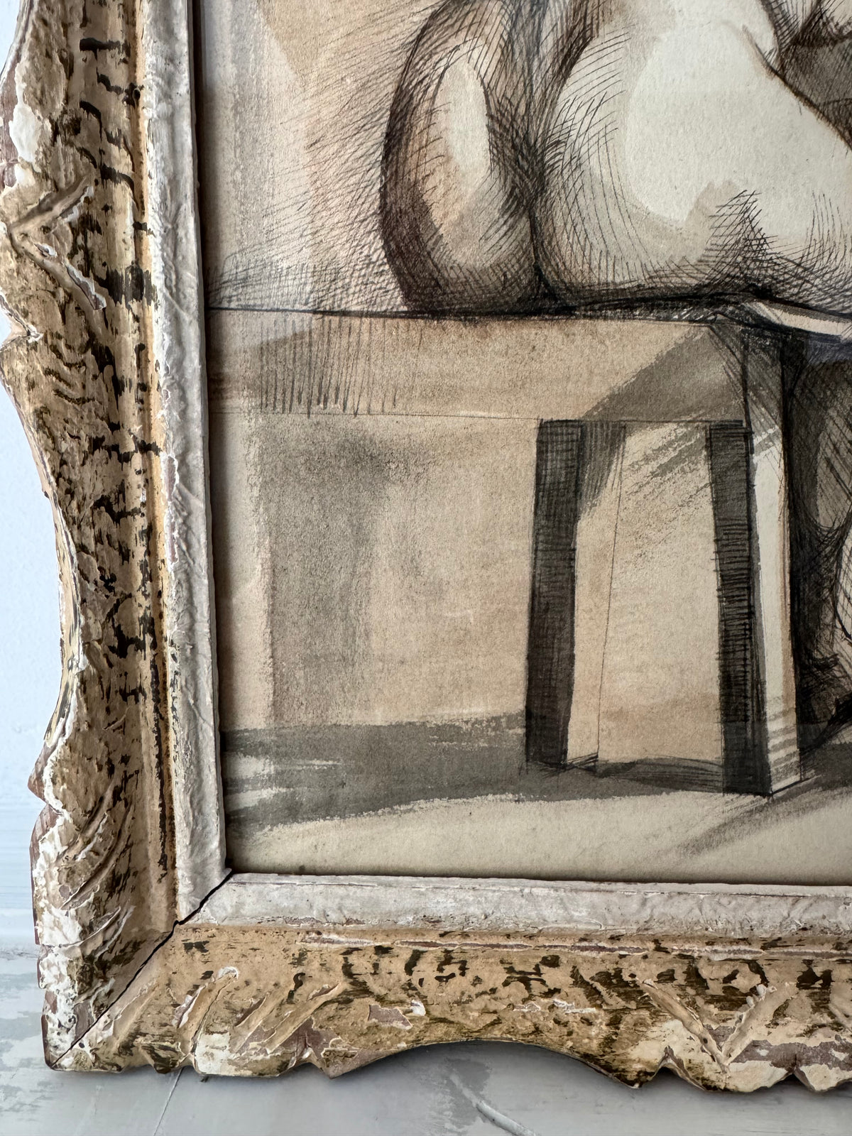 Nude Study In Ink Framed In Vintage French Frame