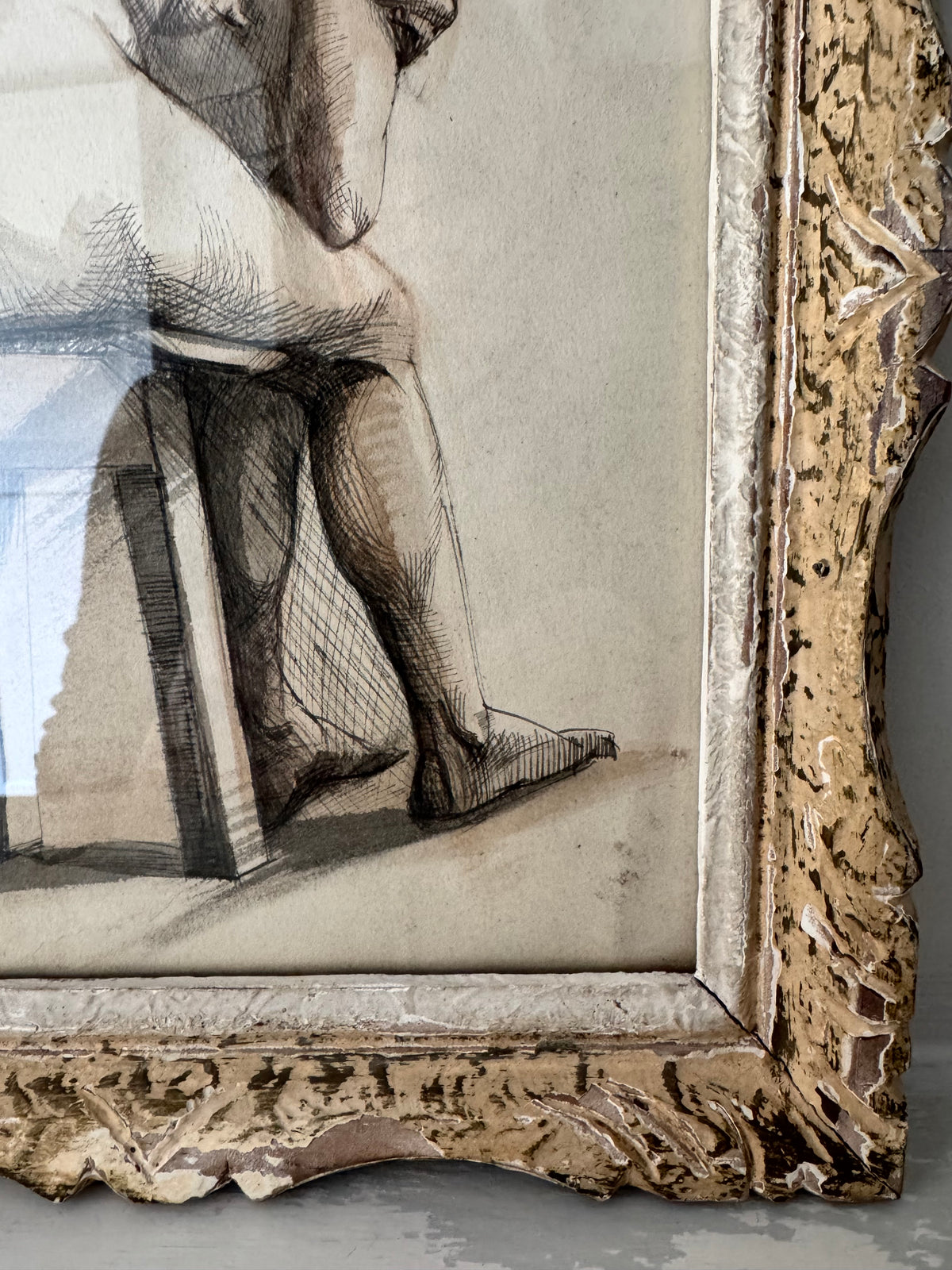 Nude Study In Ink Framed In Vintage French Frame