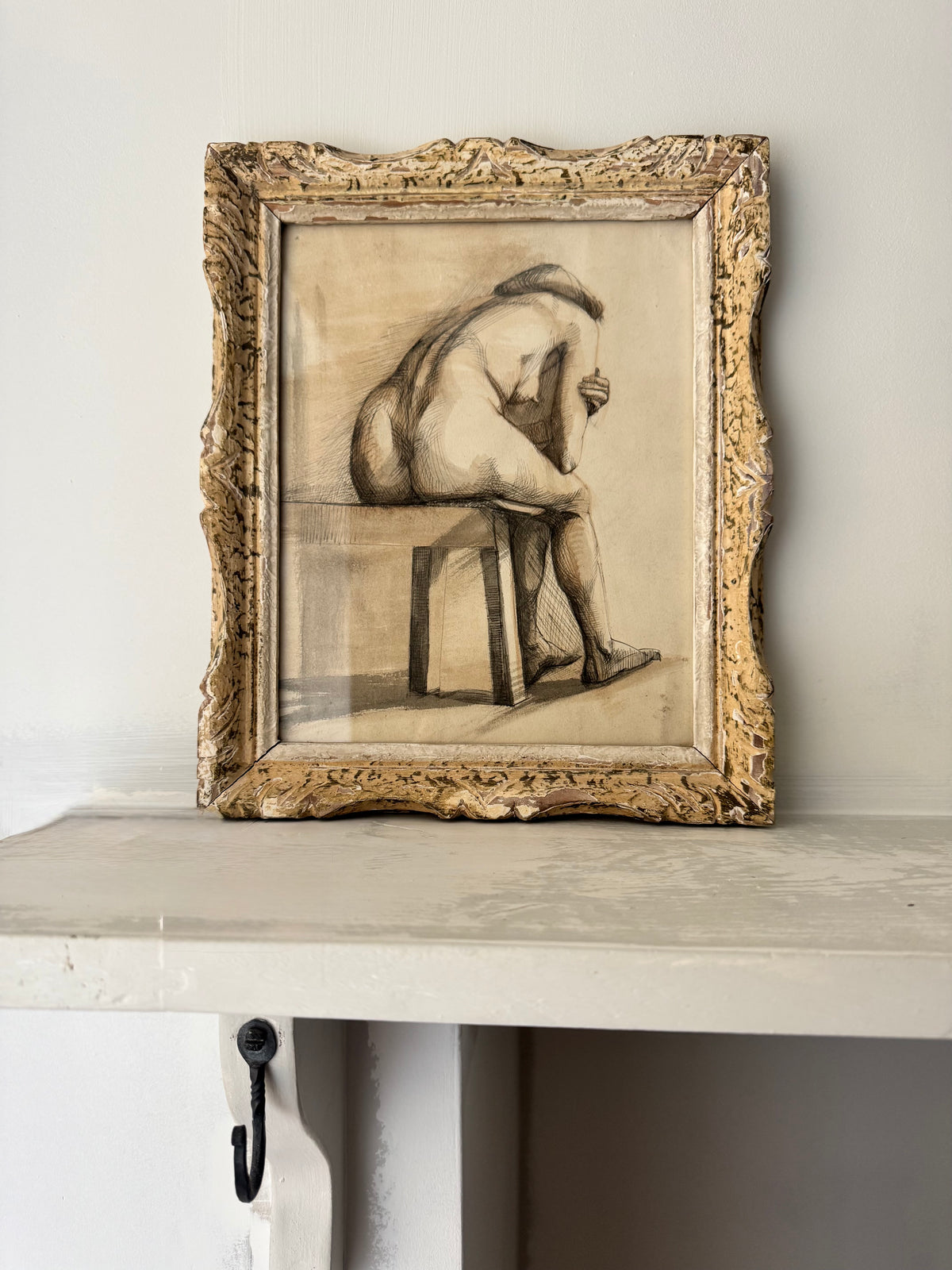 Nude Study In Ink Framed In Vintage French Frame