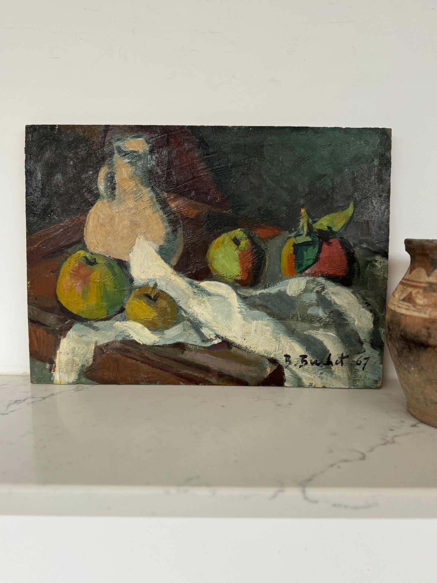 Vintage French Still Life Apples & Jug Oil on Wooden Board