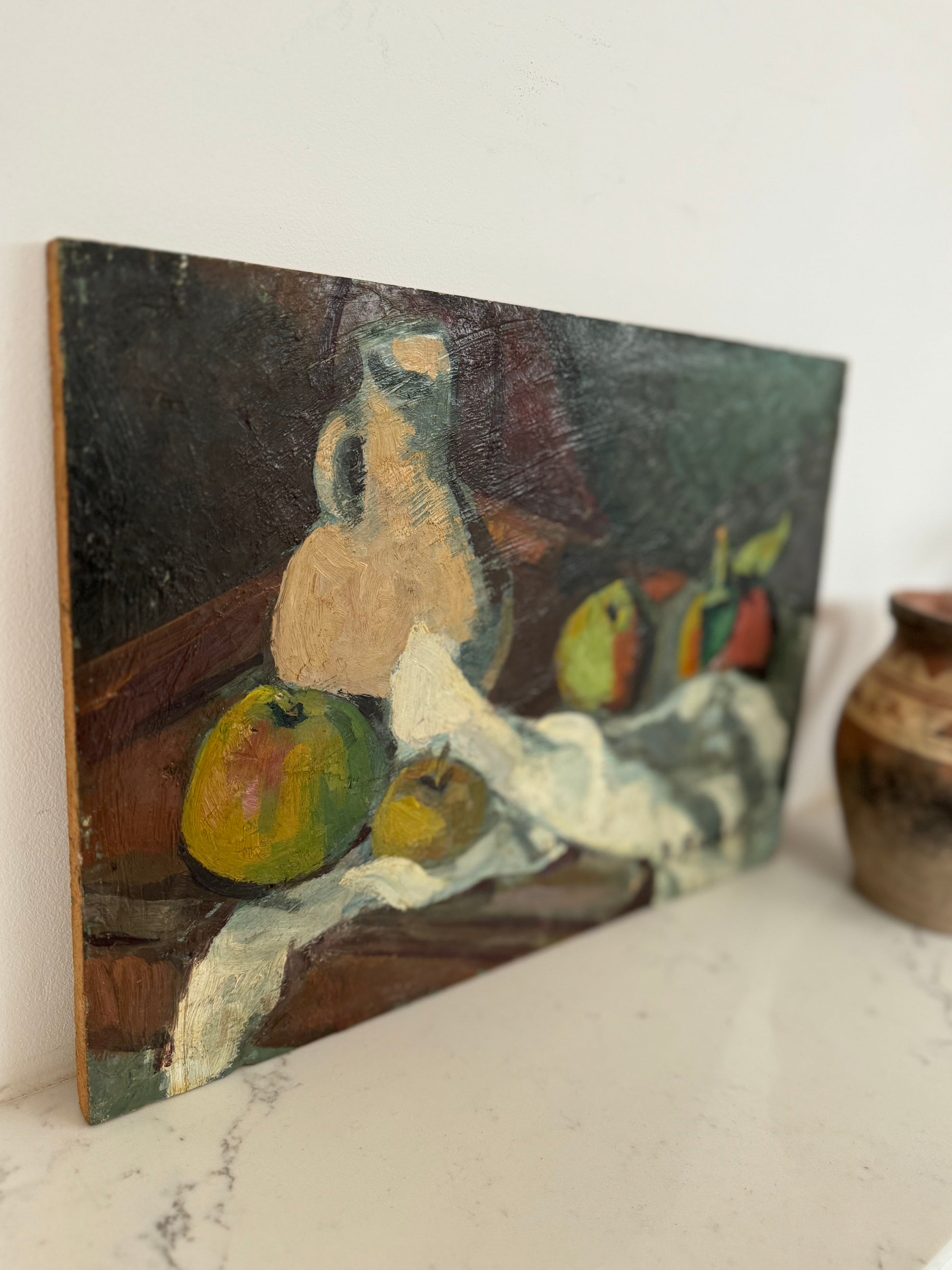 Vintage French Still Life Apples & Jug Oil on Wooden Board