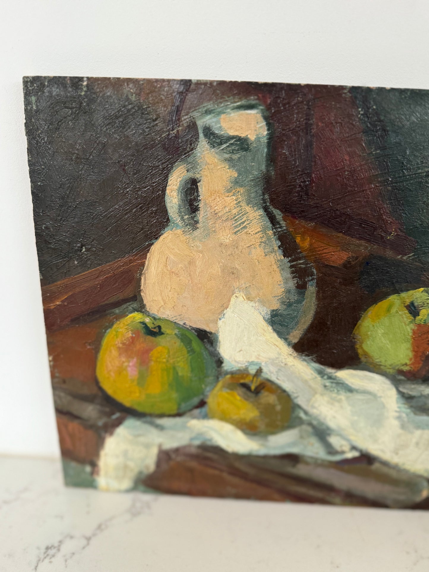 Vintage French Still Life Apples & Jug Oil on Wooden Board