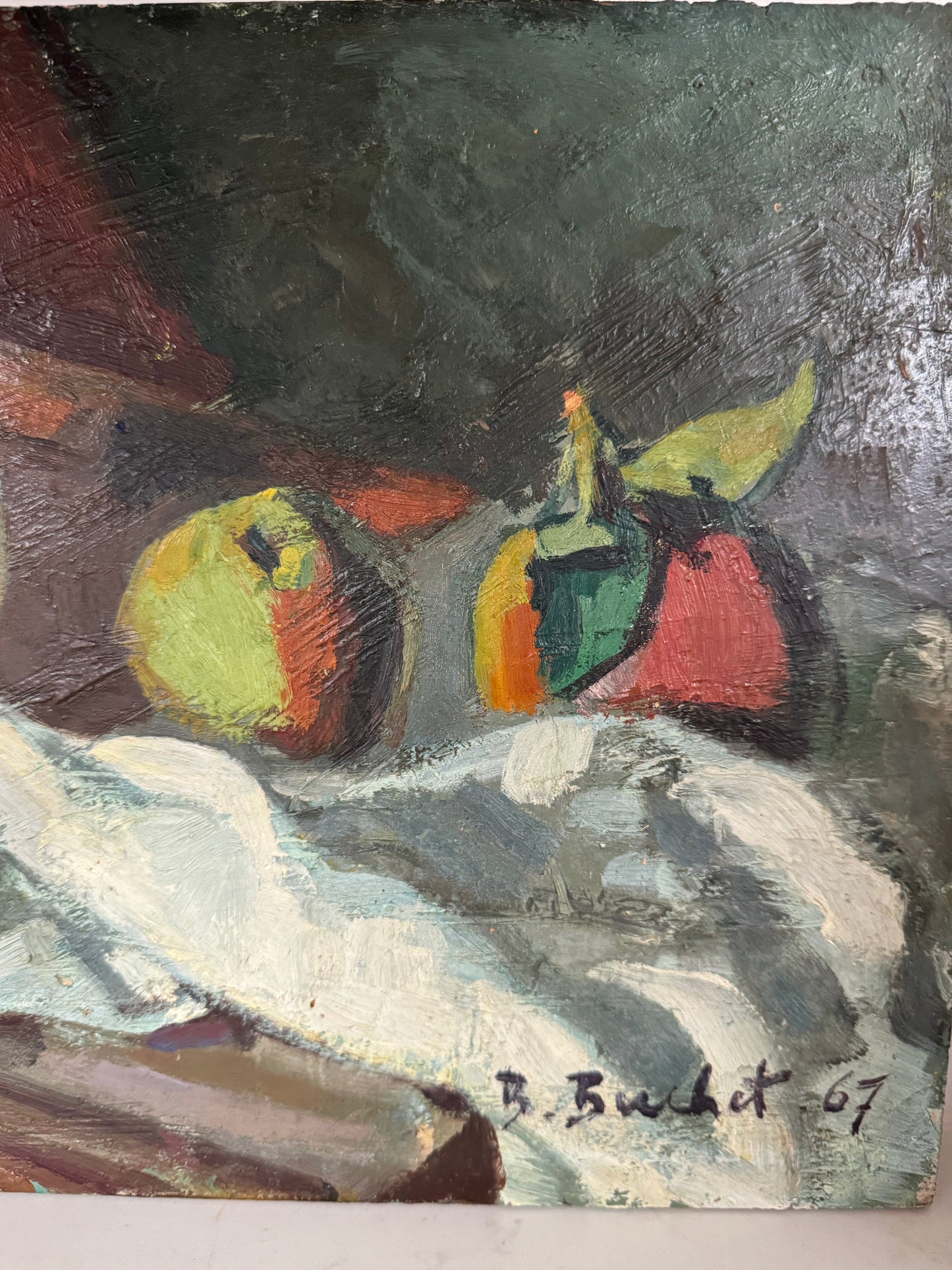 Vintage French Still Life Apples & Jug Oil on Wooden Board