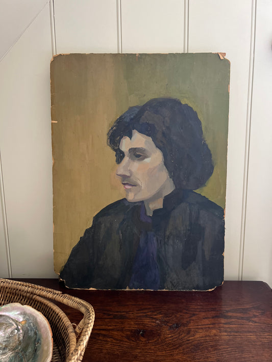 Vintage Mid Century Portrait Acrylic On Cardboard