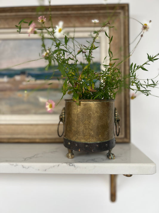 Small Antique Brass Lions Head Planter