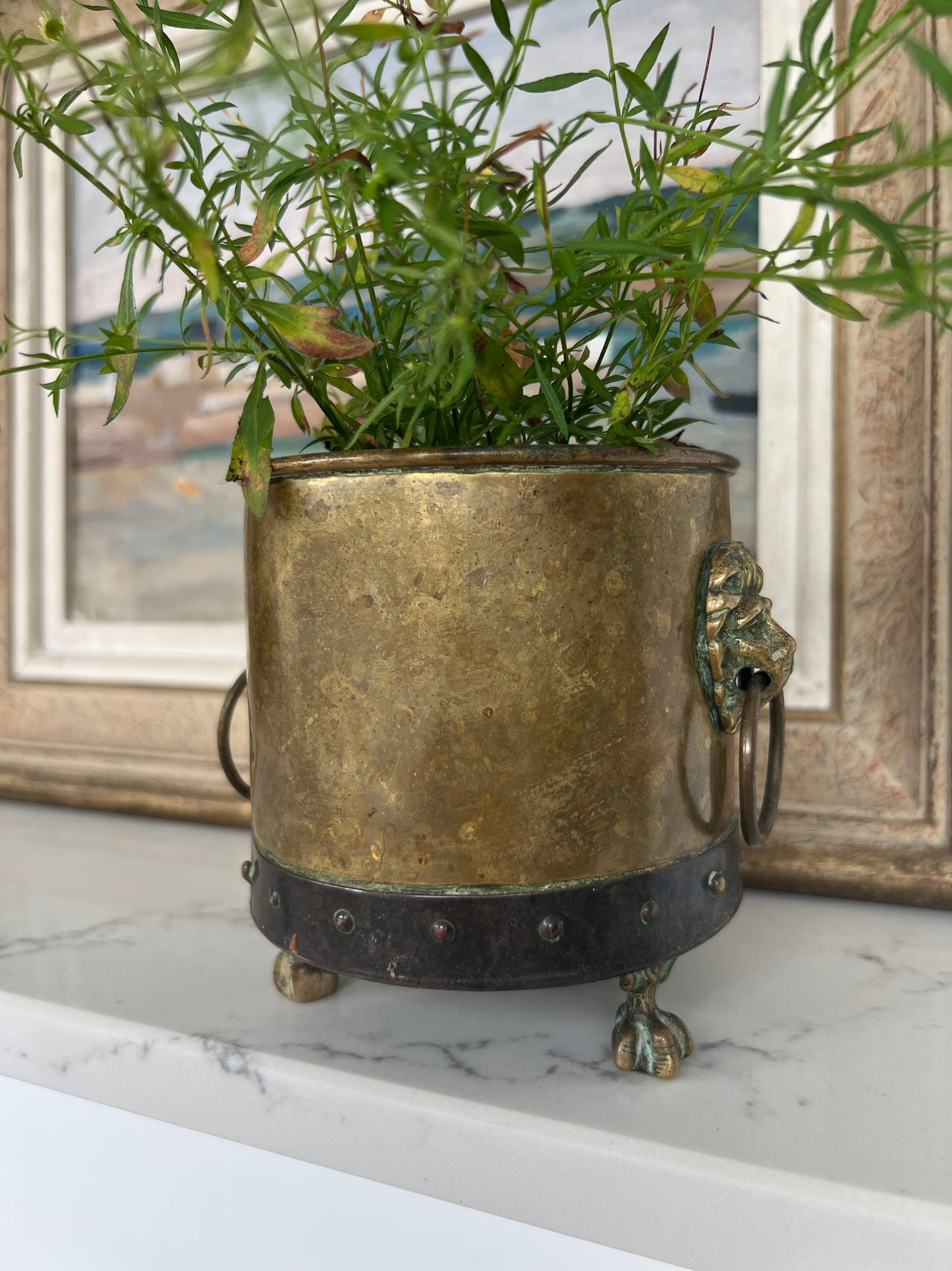 Small Antique Brass Lions Head Planter