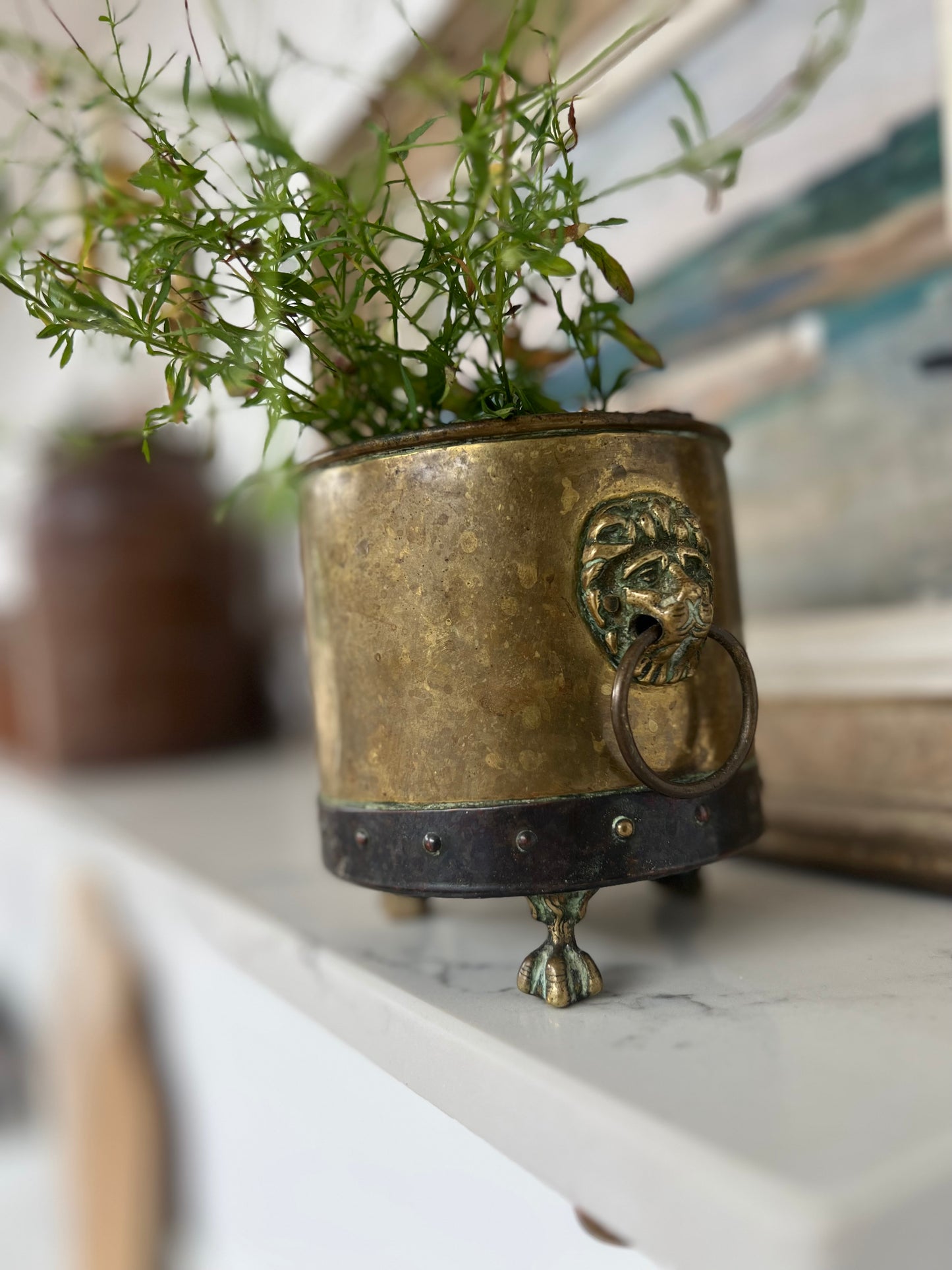 Small Antique Brass Lions Head Planter