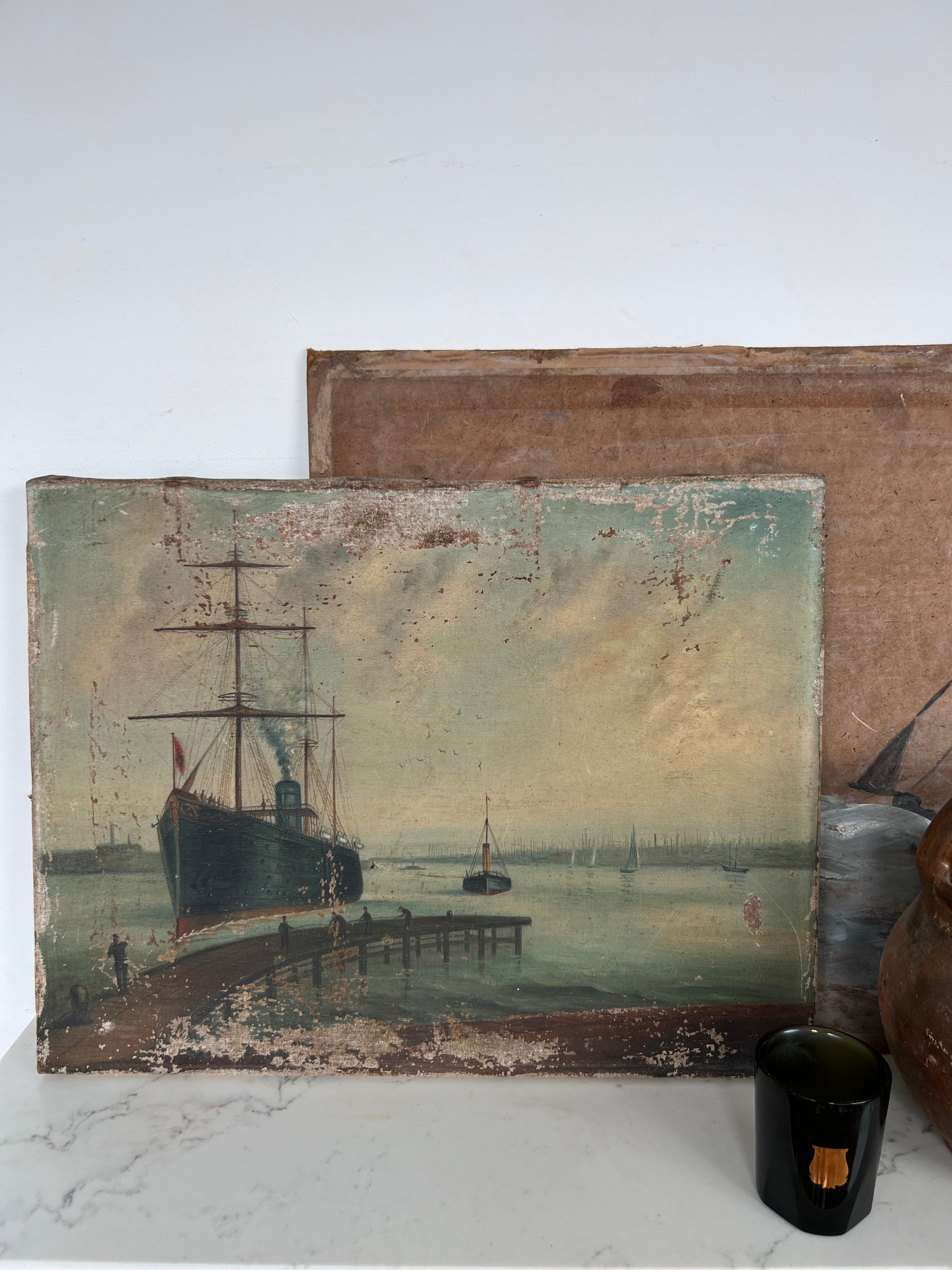 Vintage Oil on Canvas - Ship Docking 1890