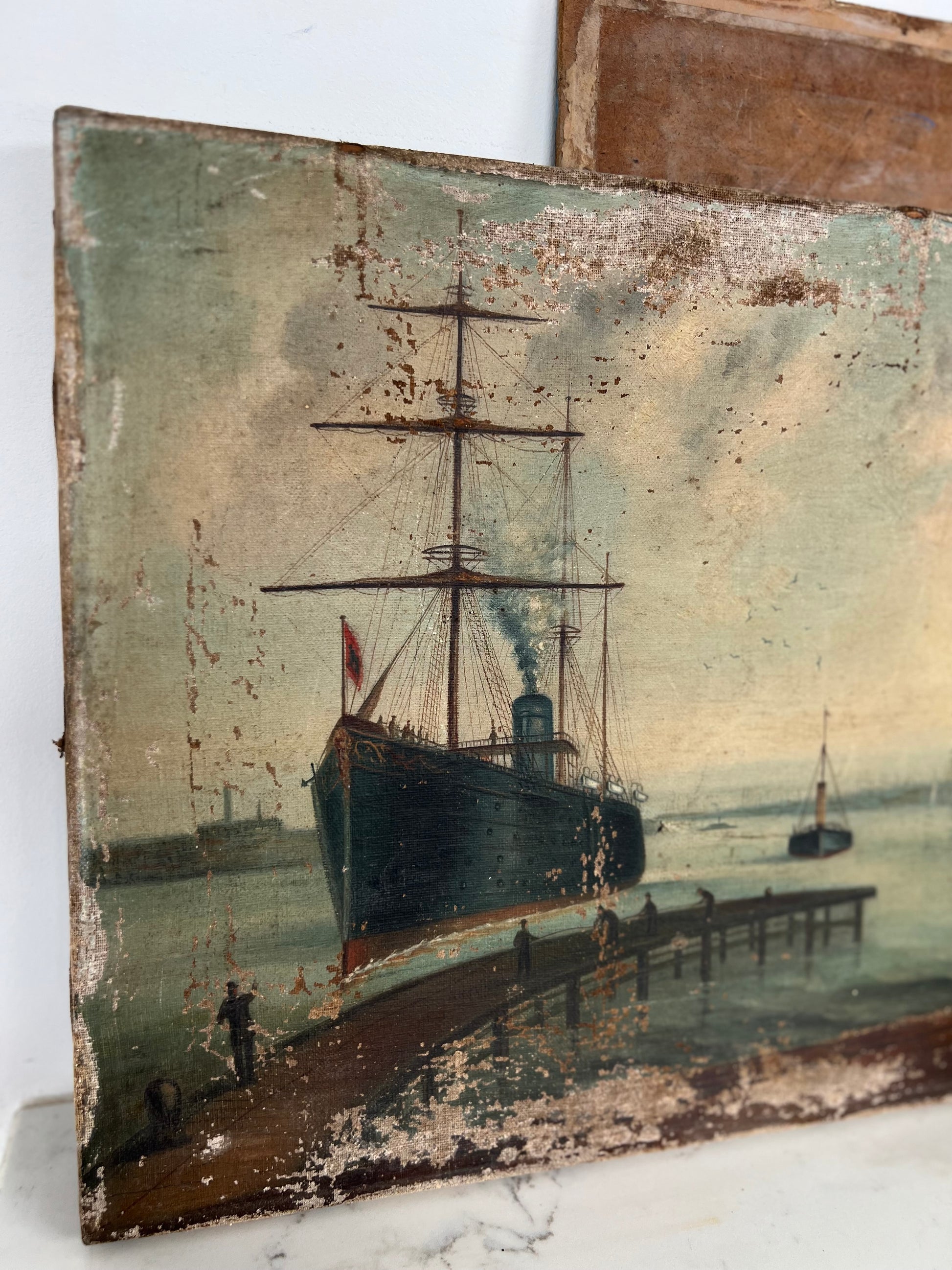 Vintage Oil on Canvas - Ship Docking 1890