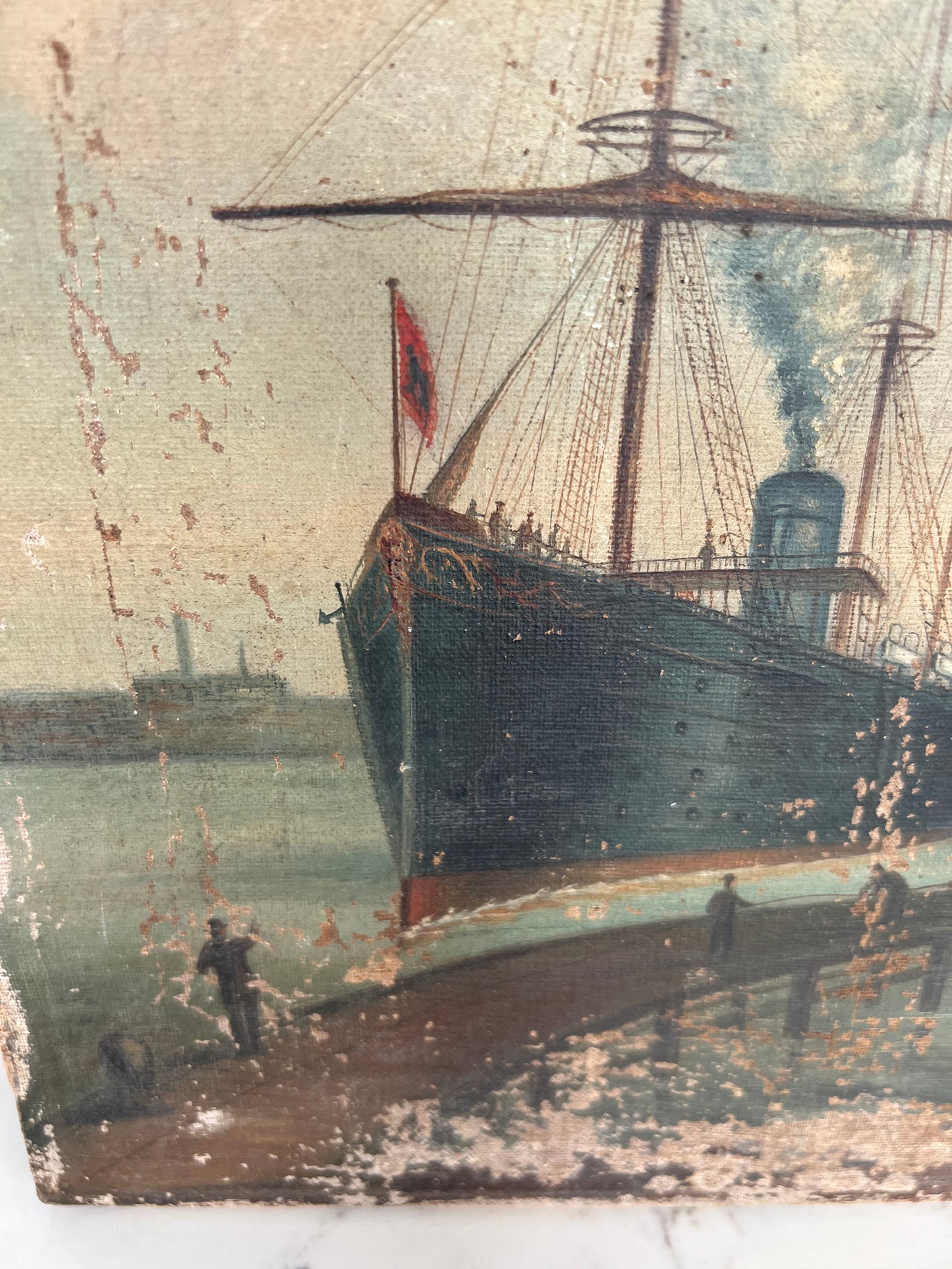 Vintage Oil on Canvas - Ship Docking 1890