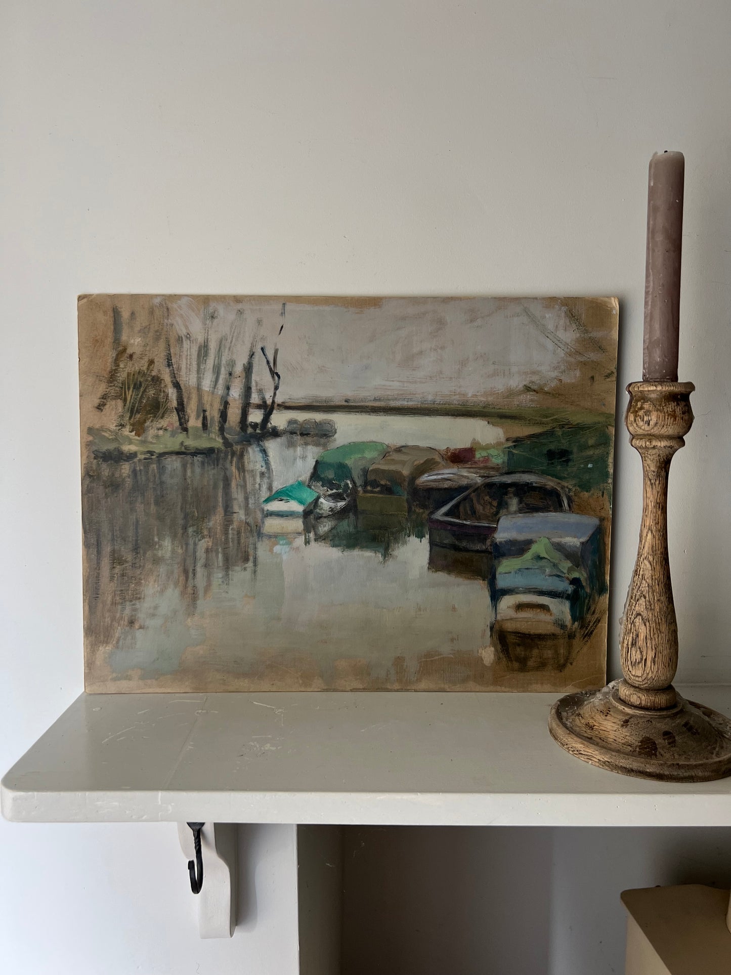 Vintage Oil on Card - Boats On River