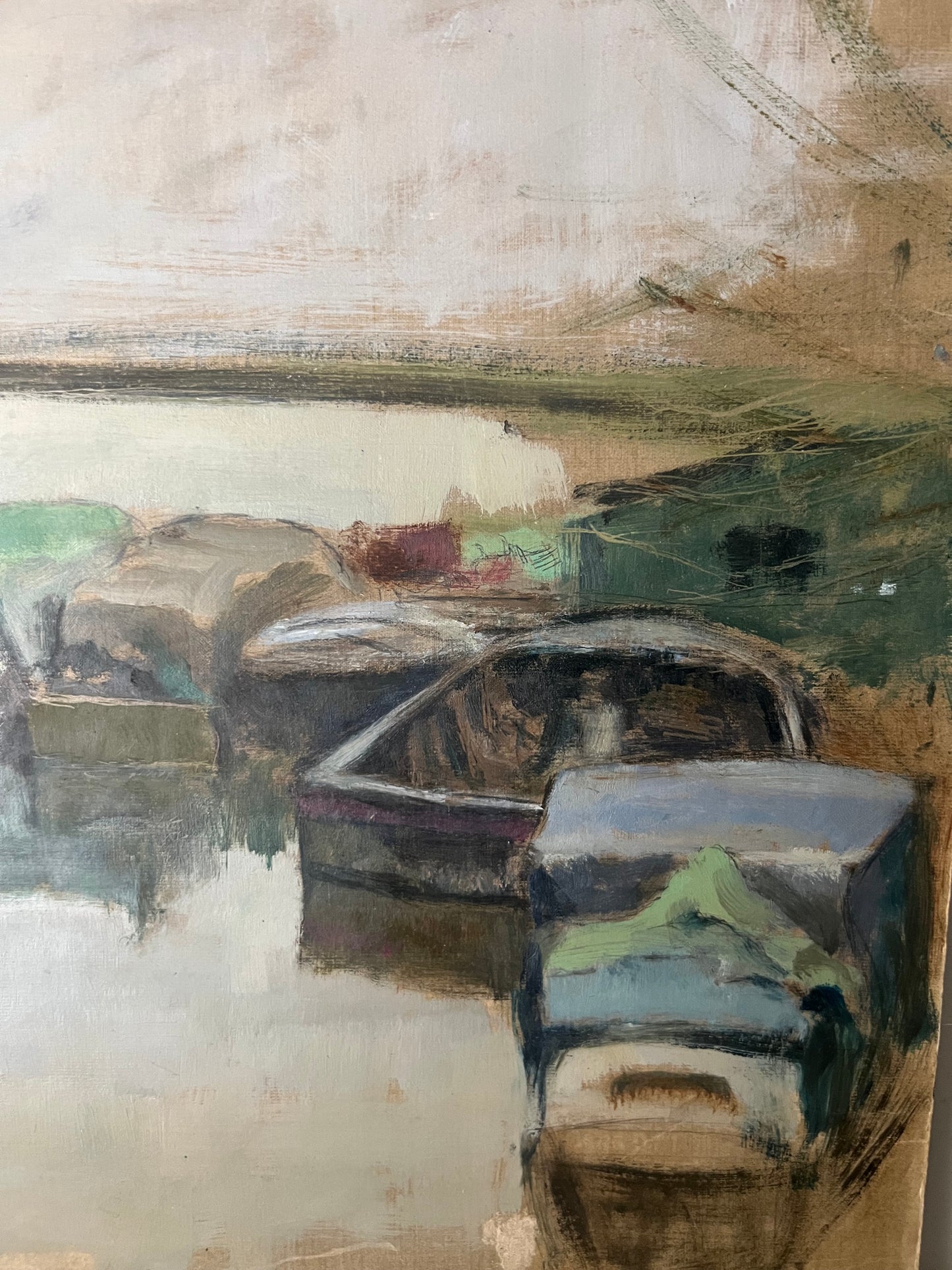 Vintage Oil on Card - Boats On River