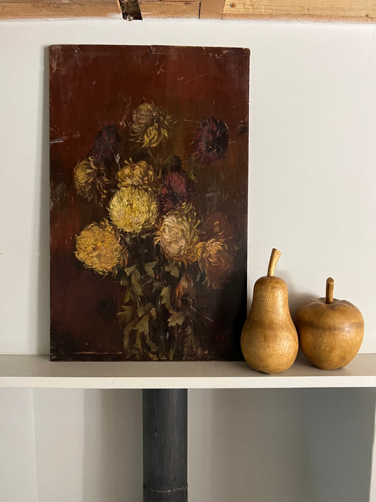 Vintage Oil on Wooden Panel - Chrysanthemums