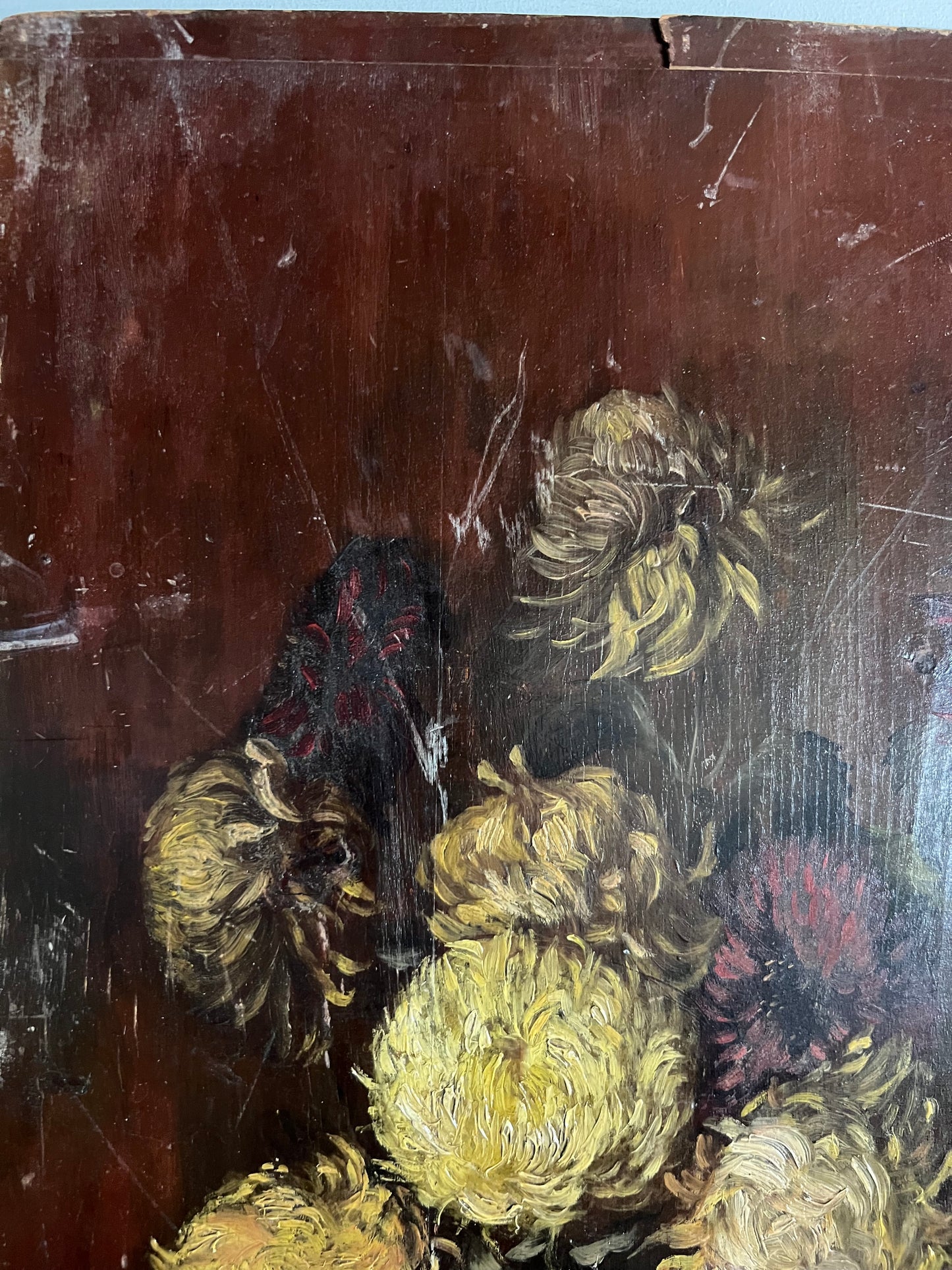 Vintage Oil on Wooden Panel - Chrysanthemums