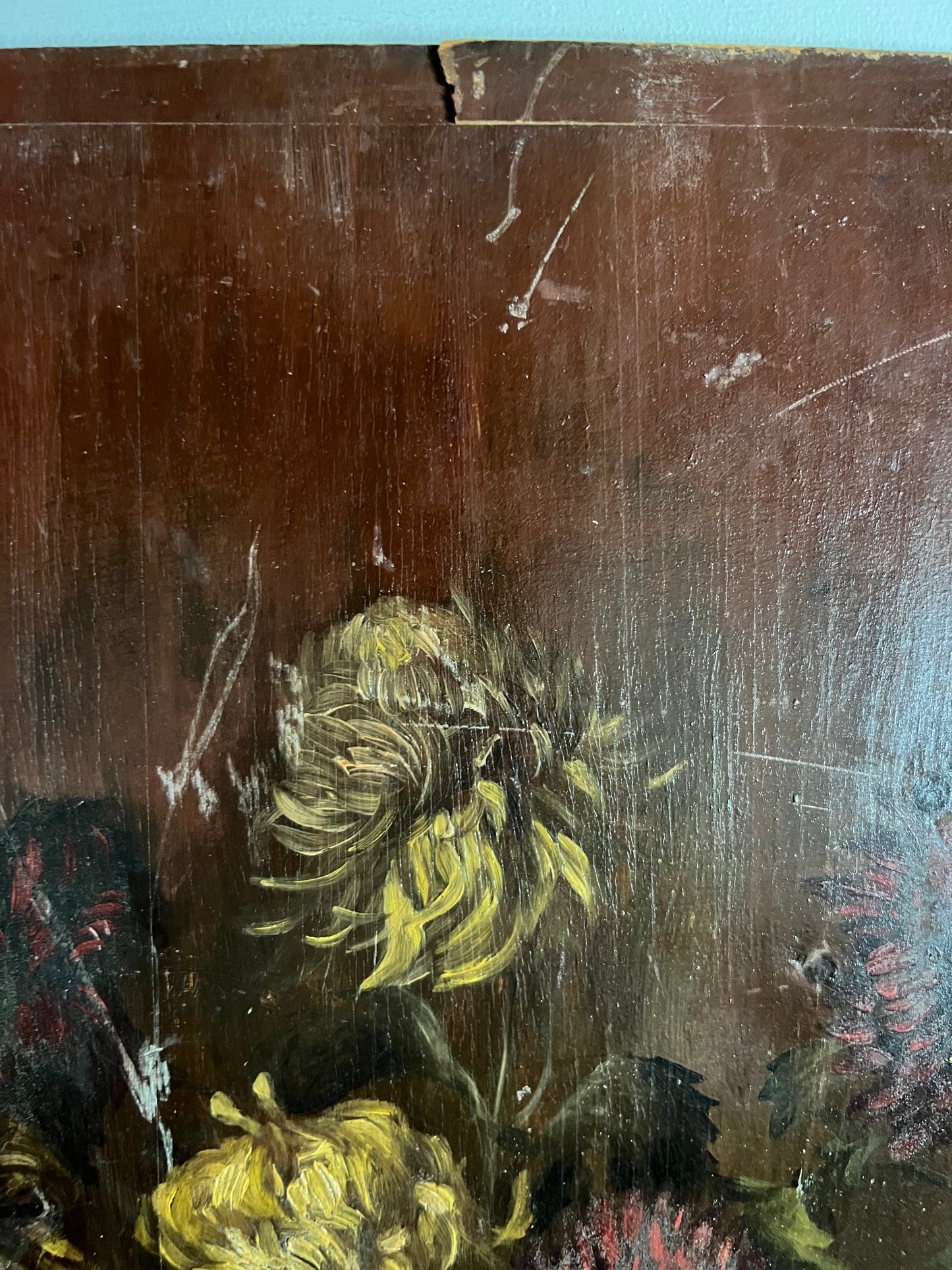 Vintage Oil on Wooden Panel - Chrysanthemums