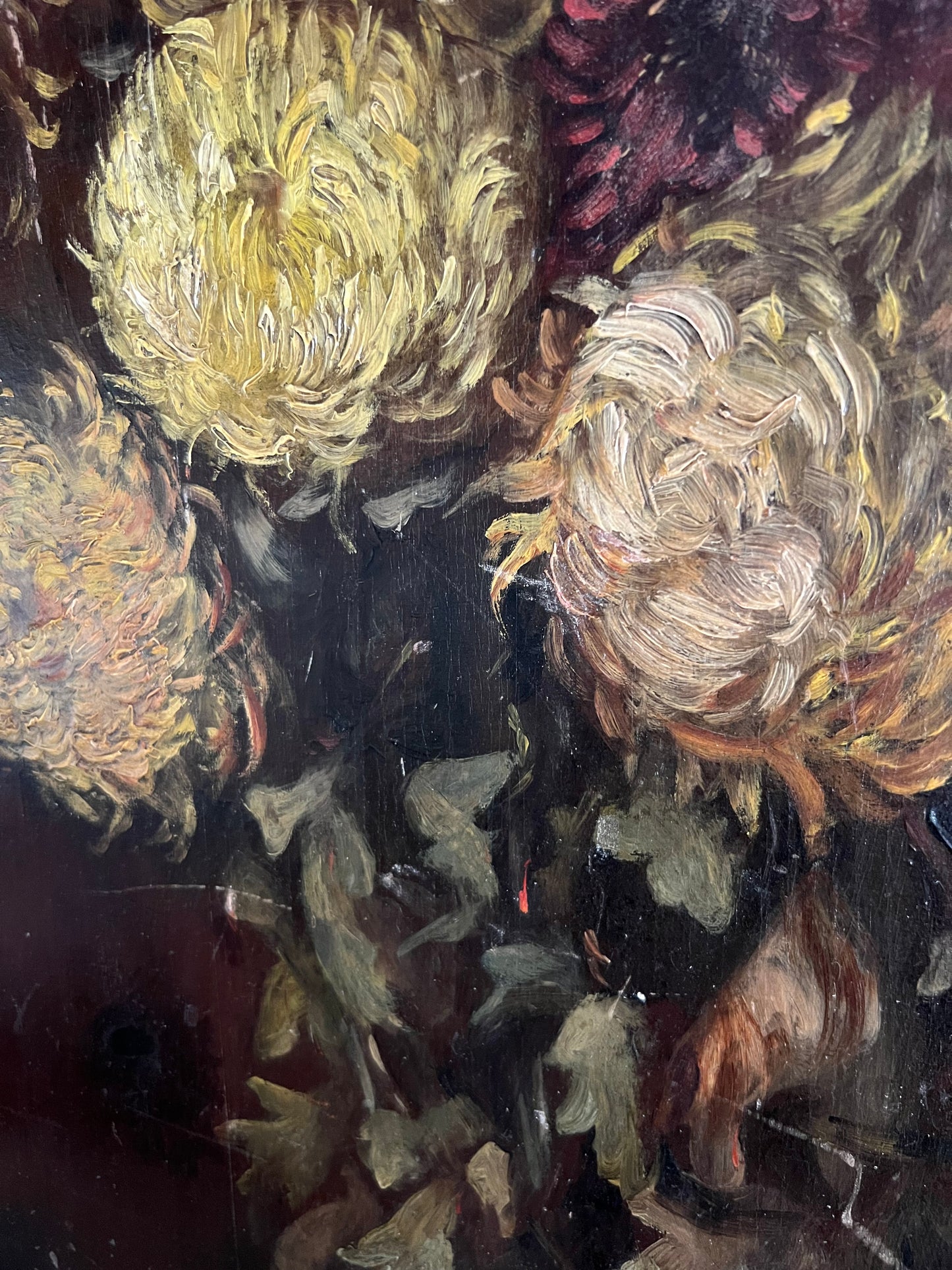 Vintage Oil on Wooden Panel - Chrysanthemums