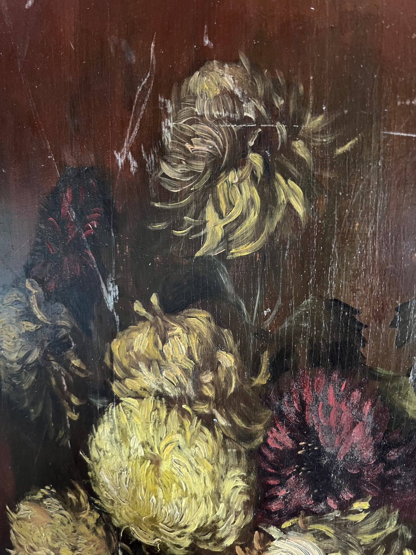 Vintage Oil on Wooden Panel - Chrysanthemums