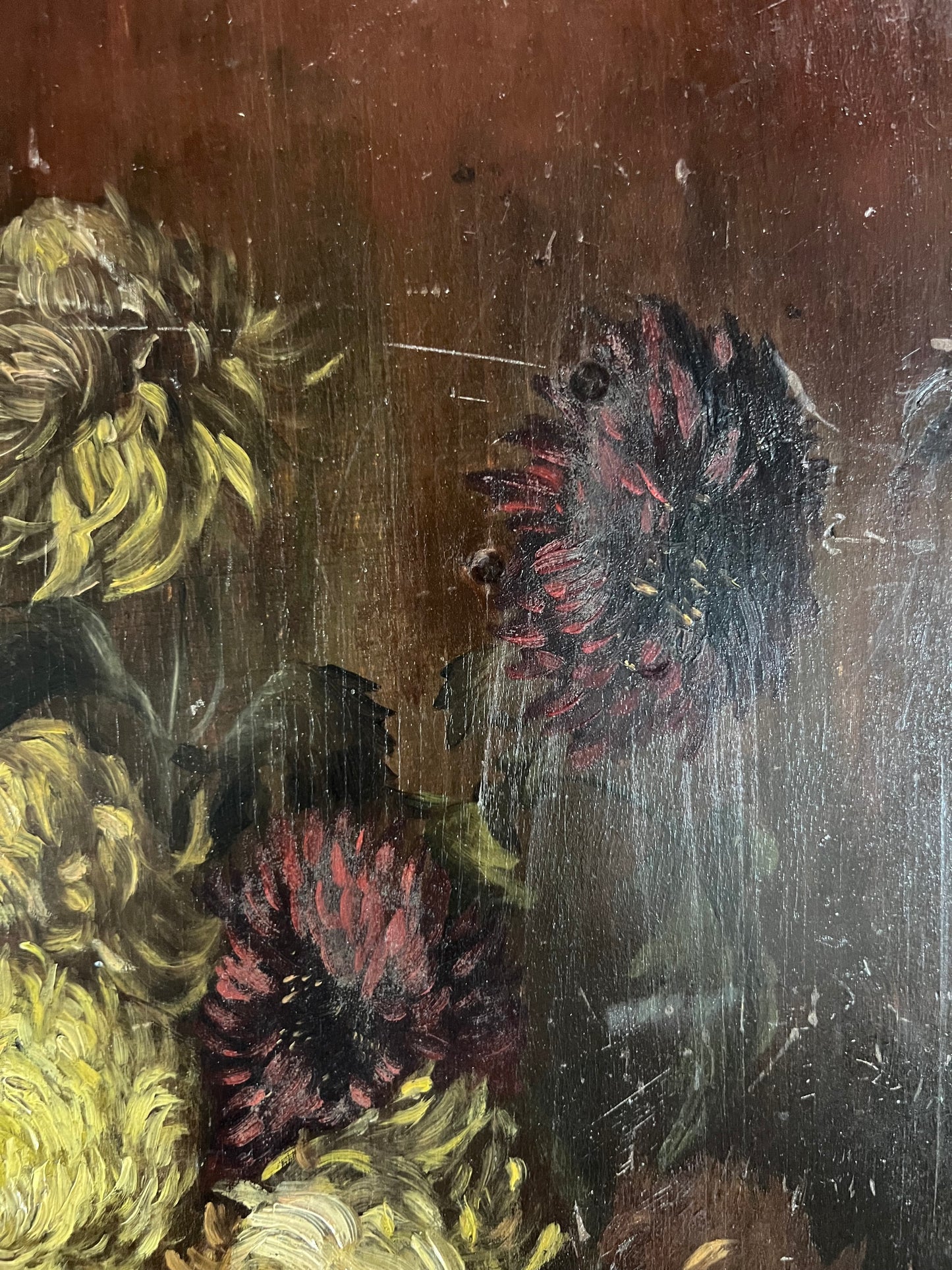 Vintage Oil on Wooden Panel - Chrysanthemums