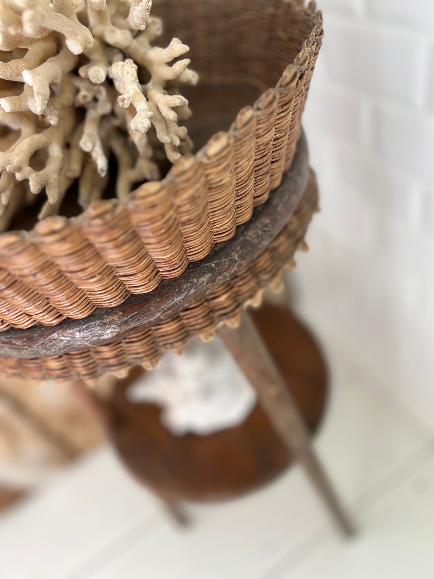 Vintage French Rustic Wicker Topped Side Table