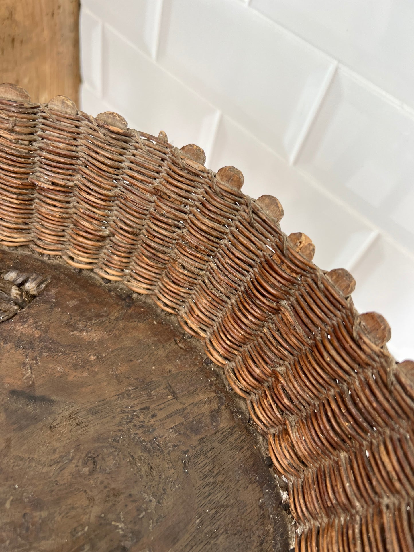 Vintage French Rustic Wicker Topped Side Table