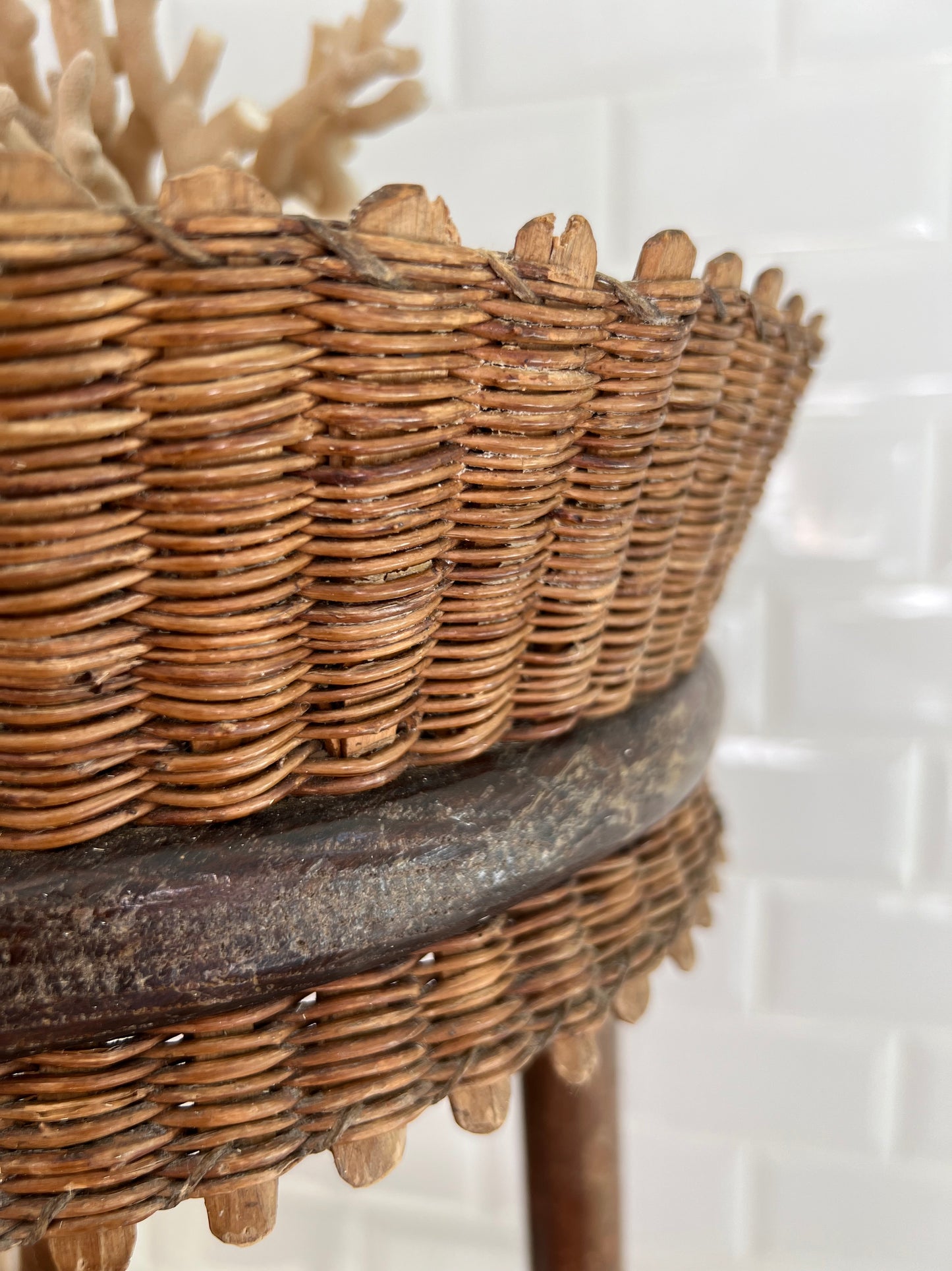 Vintage French Rustic Wicker Topped Side Table