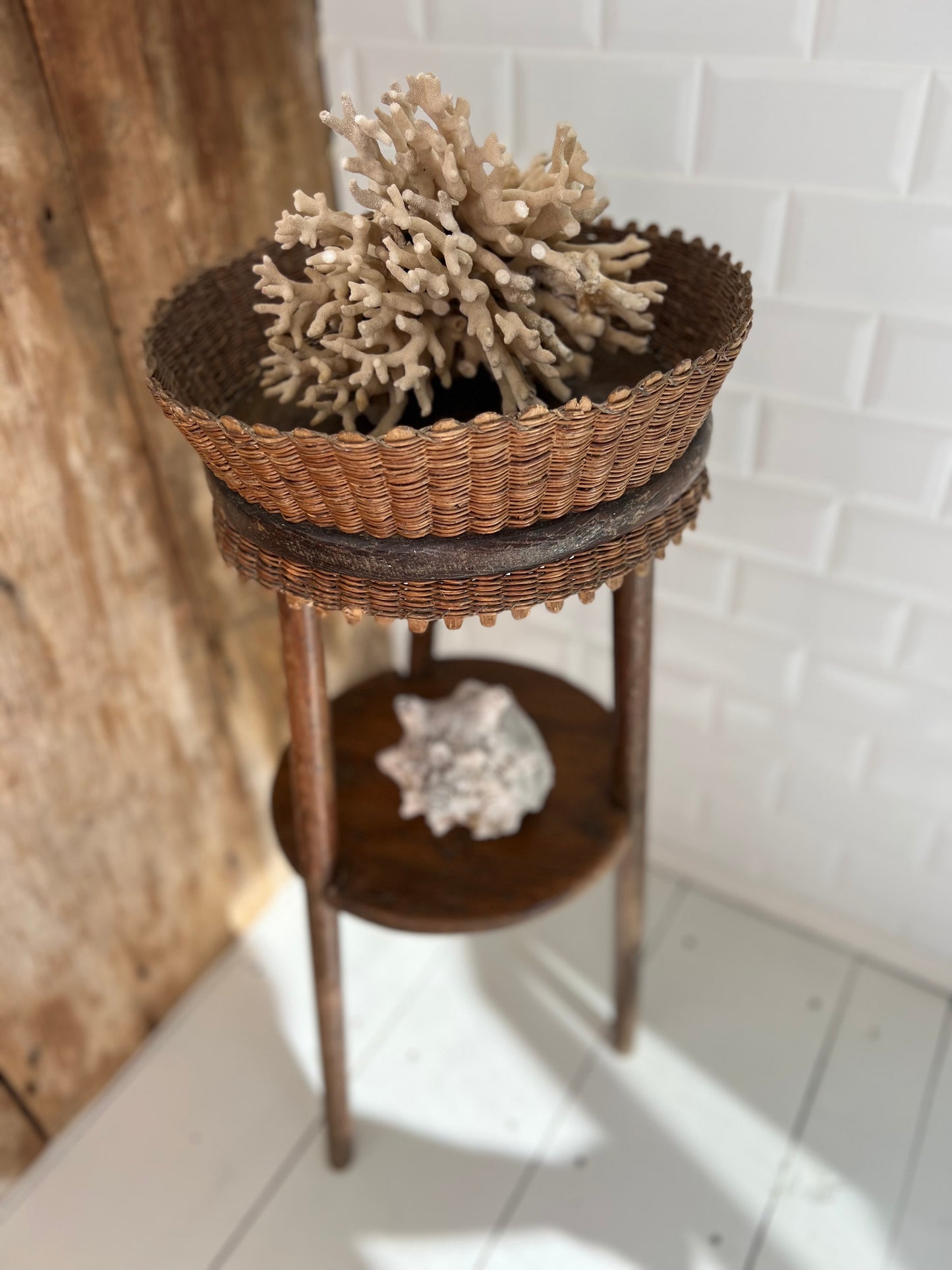 Vintage French Rustic Wicker Topped Side Table