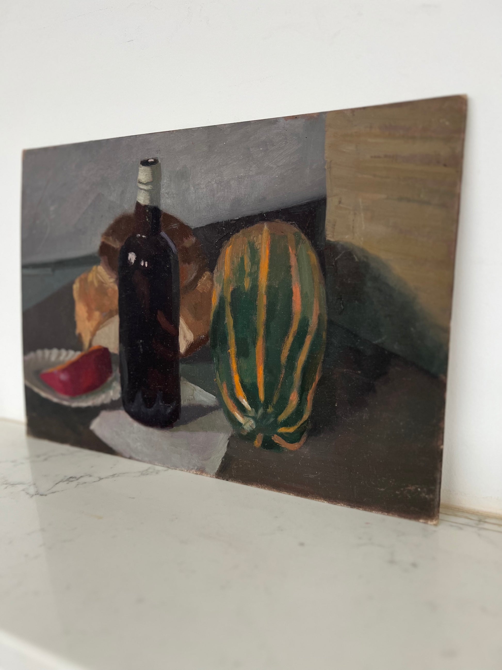 Vintage Mid Century Still Life Wine & Marrow Acrylic On Board