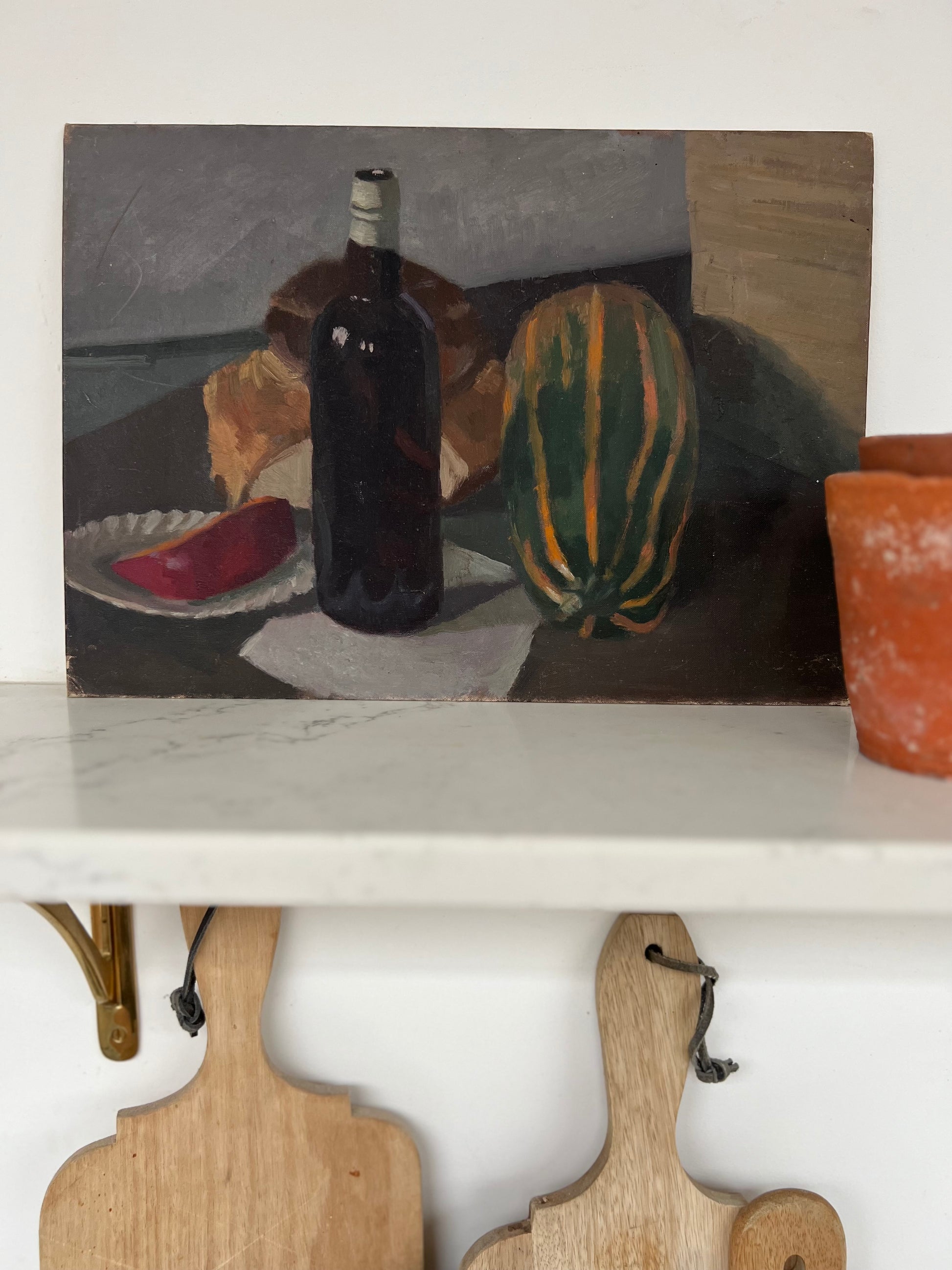 Vintage Mid Century Still Life Wine & Marrow Acrylic On Board